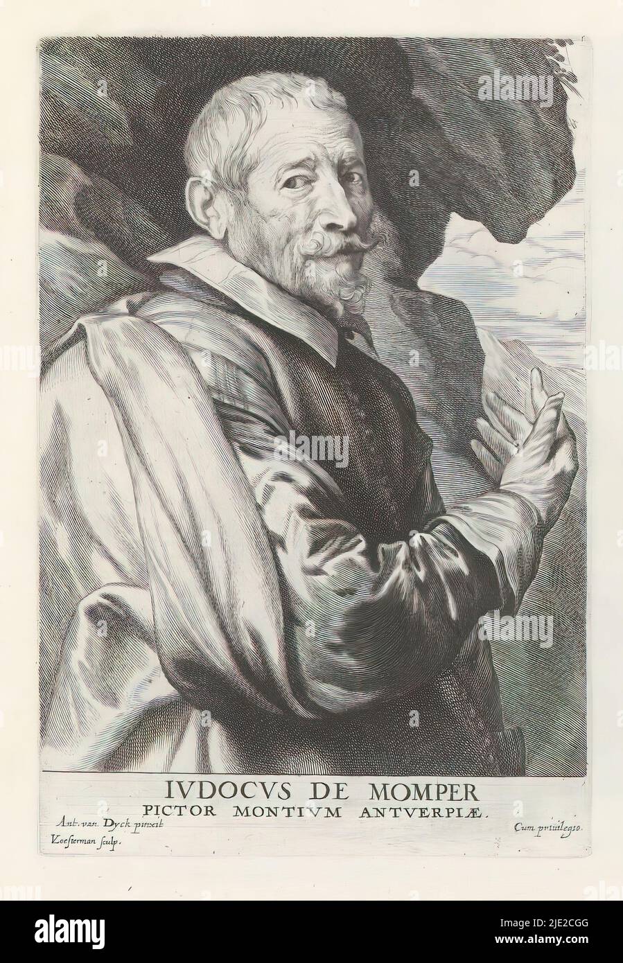 Porträt des Malers Joos de Momper, Icones Principum Vivorum Doctorum Pictorum Chalkographorum Statuariorum nec non Amatorum Pictoriae Artis Numero Centum ab Antonio van Dyck Pictore ad Vivum Expressae Eiusq: Sumptibus aeri incisae (Serientitel), Iconographie (Serientitel), dieser Druck ist Teil eines Albums., Druckerei: Lucas Vorsterman (I), (auf Objekt erwähnt), nach Malerei von: Anthony van Dyck, (auf Objekt erwähnt), Verlag: Gilles Hendricx, Antwerpen, 1630 - 1641 und/oder 1645 - 1646, Papier, Radierung, Gravur, Höhe 230 mm × Breite 155 mm Stockfoto