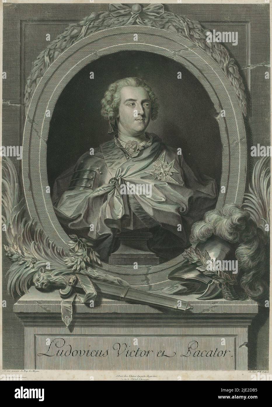 Porträt von Ludwig XV., König von Frankreich, Druckerei: Johann Georg Wille, (erwähnt auf Objekt), nach Malerei von: Johann Kaspar Heilmann, (erwähnt auf Objekt), nach Skulptur von: Jean-Baptiste Lemoyne (II), (erwähnt auf Objekt), Paris, c. 1750 - vor c. 1800, Papier, Gravur, Höhe 465 mm × Breite 337 mm Stockfoto