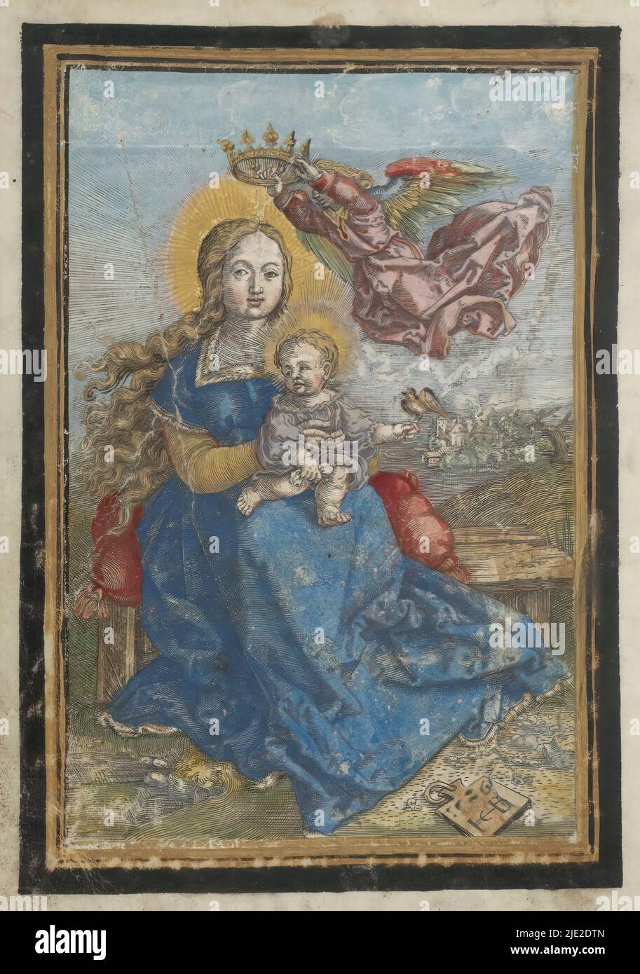 Maria mit Kind gekrönt von einem Engel, sitzt Maria auf einer Bank auf einem Kissen mit dem Christkind auf ihrem Schoß. Ein Engel krönt Maria. Das Kind hält einen Vogel auf der Hand. Dieser Druck ist Teil eines handgeschriebenen Gebetsbuches., Druckerei: Jacob Binck, (auf Objekt erwähnt), nach Druck von: Albrecht Dürer, Deutschland, 1520 - 1569, Papier, Gravur, Höhe 149 mm × Breite 105 mm Stockfoto