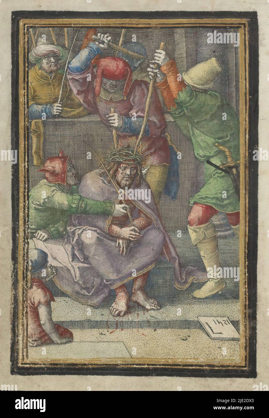 Dornenkrone, Passion of Christ (Serientitel), Henker legten eine Dornenkrone mit Stöcken auf Christi Haupt und gaben ihm einen Stock in seine Hand. Dieser Druck ist Teil eines handschriftlichen Gebetsbuches., Druckerei: Lucas van Leyden, (auf Objekt erwähnt), nach eigenem Entwurf von: Lucas van Leyden, Leiden, 1521, Papier, Gravur, Höhe 149 mm × Breite 105 mm Stockfoto