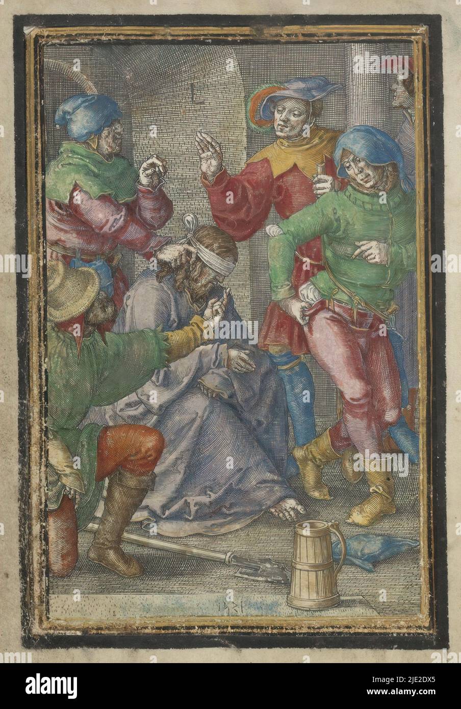Spott, Passion of Christ (Serientitel), der mit verbundenen Augen verbundene Christus wird von vier Männern verspottet. Im Vordergrund ein Krug. Dieser Druck ist Teil eines handschriftlichen Gebetsbuches., Druckerei: Lucas van Leyden, (auf Objekt erwähnt), nach eigenem Entwurf von: Lucas van Leyden, Leiden, 1521, Papier, Gravur, Höhe 149 mm × Breite 105 mm Stockfoto