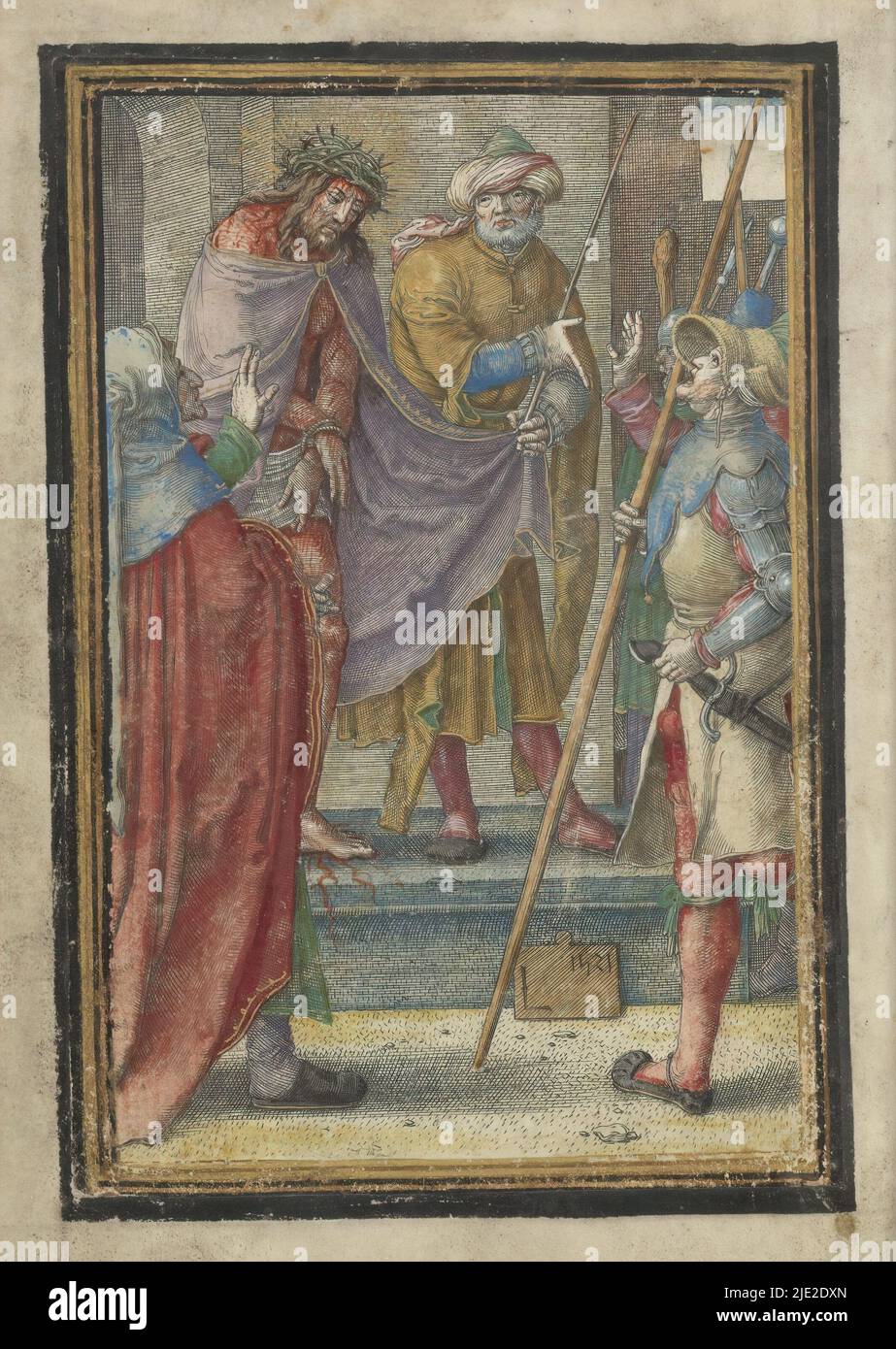 Christus dem Volk gezeigt (Ecce Homo), Passion Christi (Serientitel), Christus wird dem Volk von Pilatus auf einer Bühne gezeigt. Das Volk ruft, dass Christus gekreuzigt werden muss. Dieser Druck ist Teil eines handschriftlichen Gebetsbuches., Druckerei: Lucas van Leyden, (auf Objekt erwähnt), nach eigenem Entwurf von: Lucas van Leyden, Leiden, 1521, Papier, Gravur, Höhe 149 mm × Breite 105 mm Stockfoto