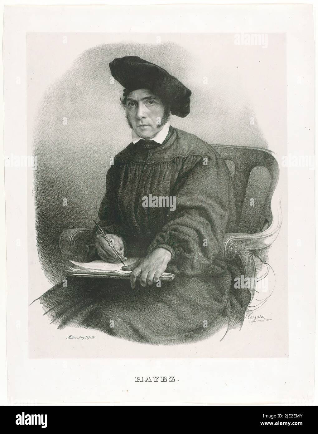 Selbstporträt, Francesco Hayez Zeichnung in einem Stuhl und geschmückt mit Malers Baskenmütze., Druckerei: Francesco Hayez, (erwähnt auf Objekt), nach Malerei von: Francesco Hayez, Drucker: Vassalli, (erwähnt auf Objekt), Milaan, c. 1831, Papier, Höhe 558 mm × Breite 434 mm Stockfoto