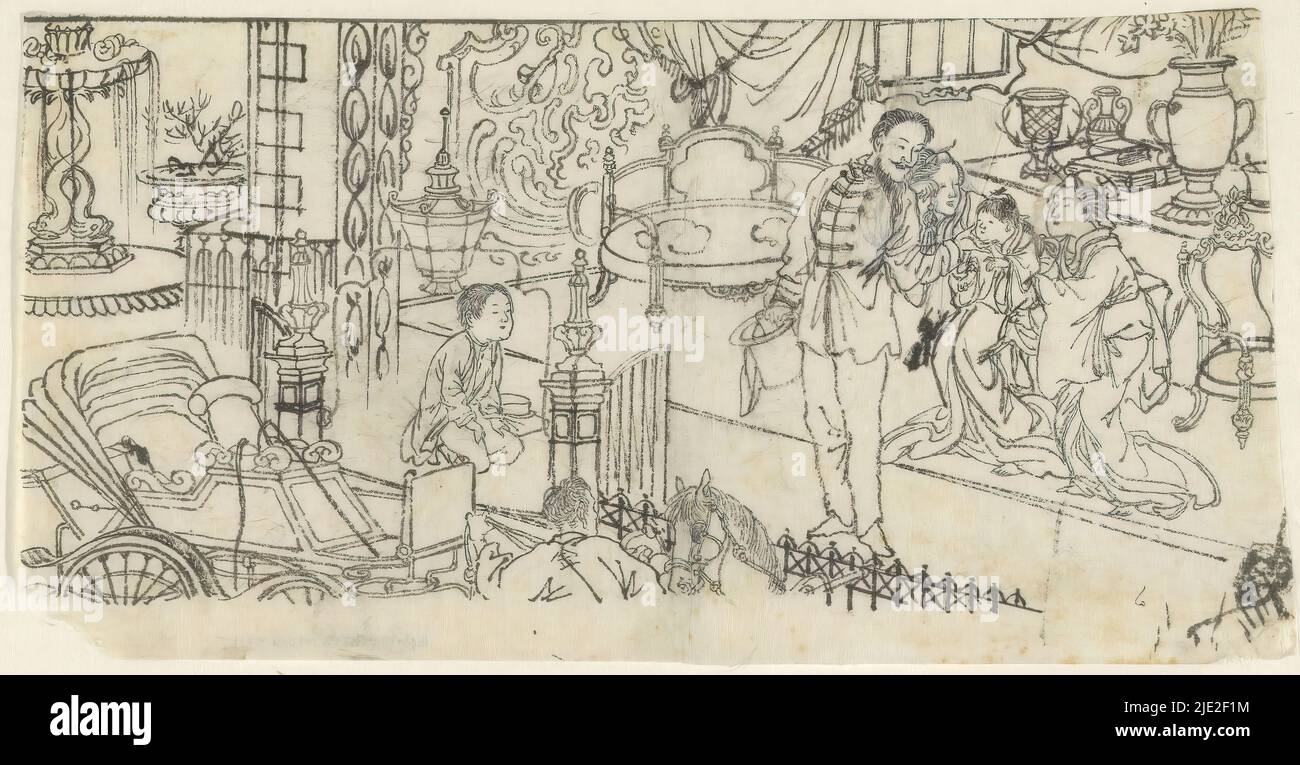 Ein Mann grüßt das Kind, ein Mann grüßt eine Frau und ein Kind in einem japanischen Haus mit westlichem Interieur. Draußen wartet ein Wagen., Zeichner: Kawanabe Kyôsai, (zugeschrieben), Japan, 1870 - 1880, Papier, Höhe 131 mm × Breite 256 mm Stockfoto