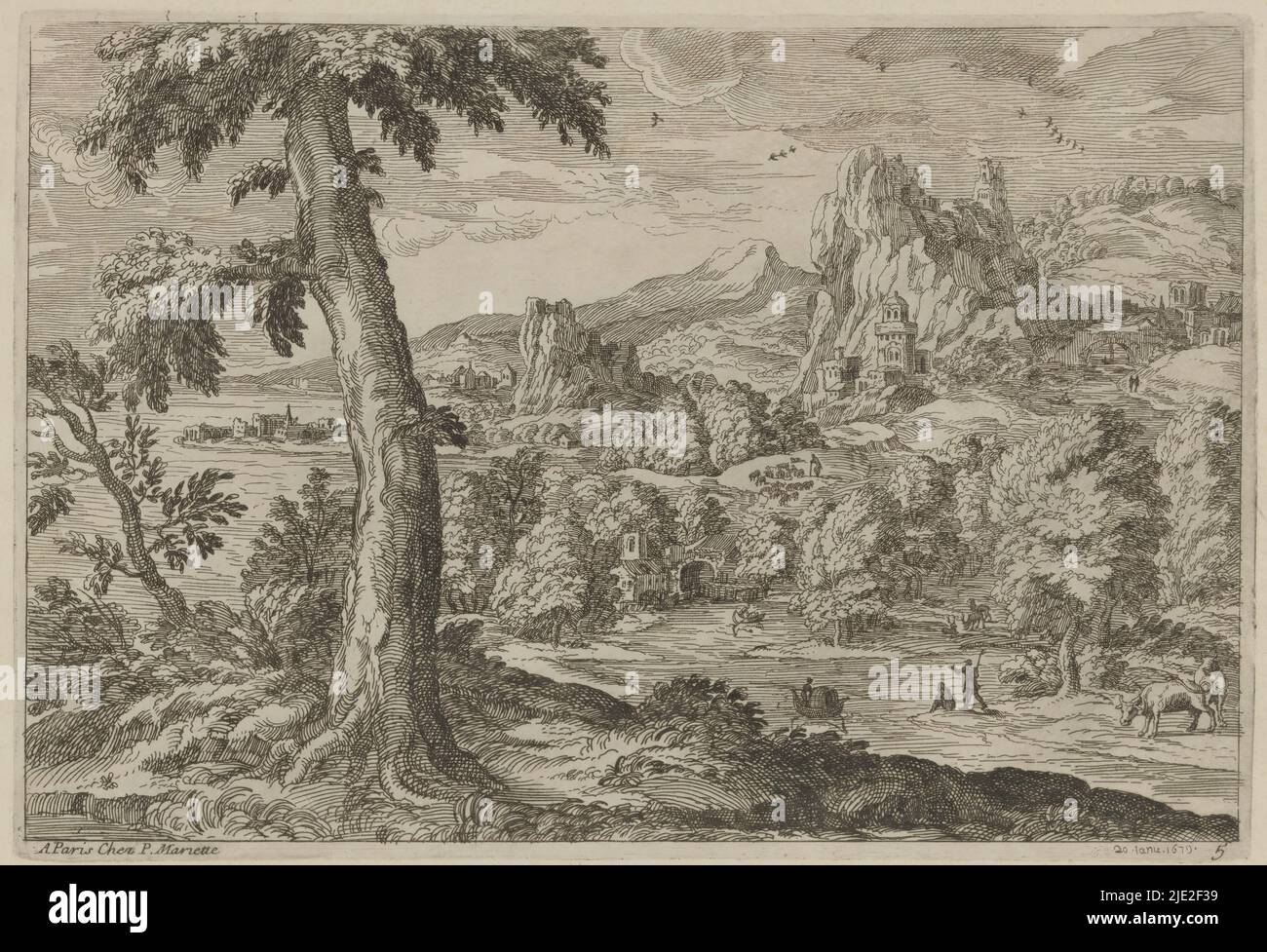 Landschaft mit Figuren entlang eines Flusses, Landschaften nach Titian (Serientitel), numeriert unten rechts: 5., Druckerei: Moise Jean Baptiste Fouard, nach Gestaltung von: Titiaan, (möglicherweise), Verlag: Pierre Mariette (II), (Objektbezeichnung), Paris, 1679, Papier, Ätzung, Höhe 168 mm × Breite 244 mm Stockfoto