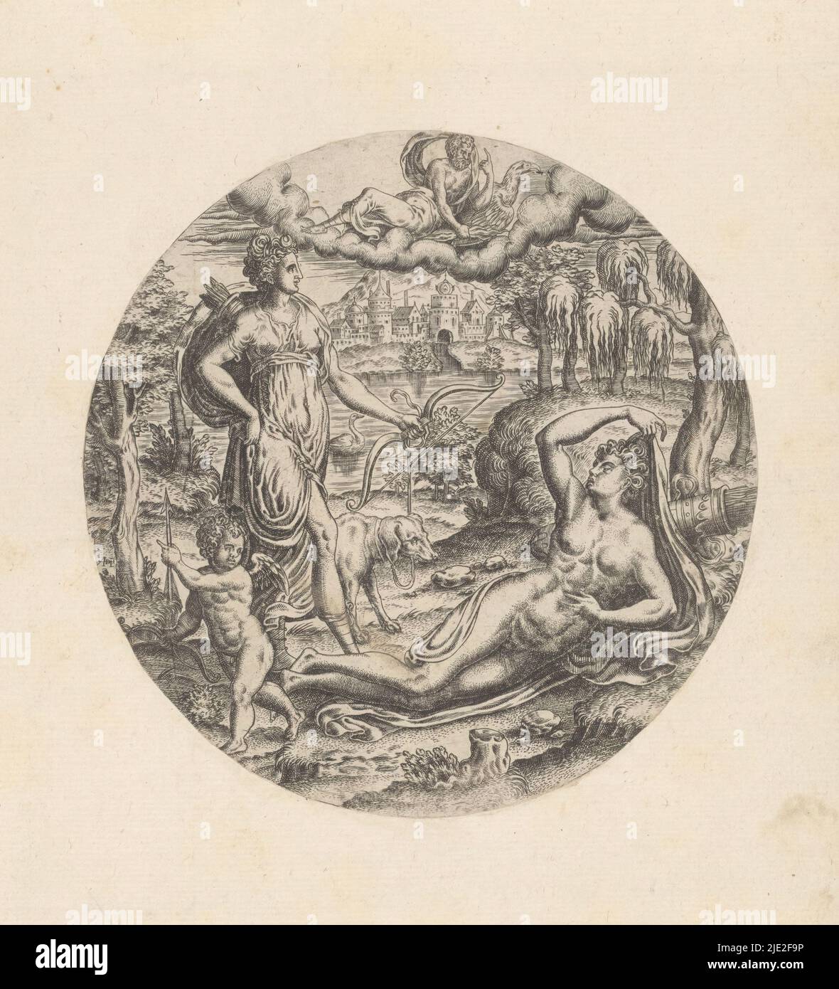 Diana und Endymion, Druckerei: Abraham de Bruyn, (erwähnt auf Objekt), c. 1550 - c. 1587, Papier, Radierung, Durchmesser 138 mm Stockfoto