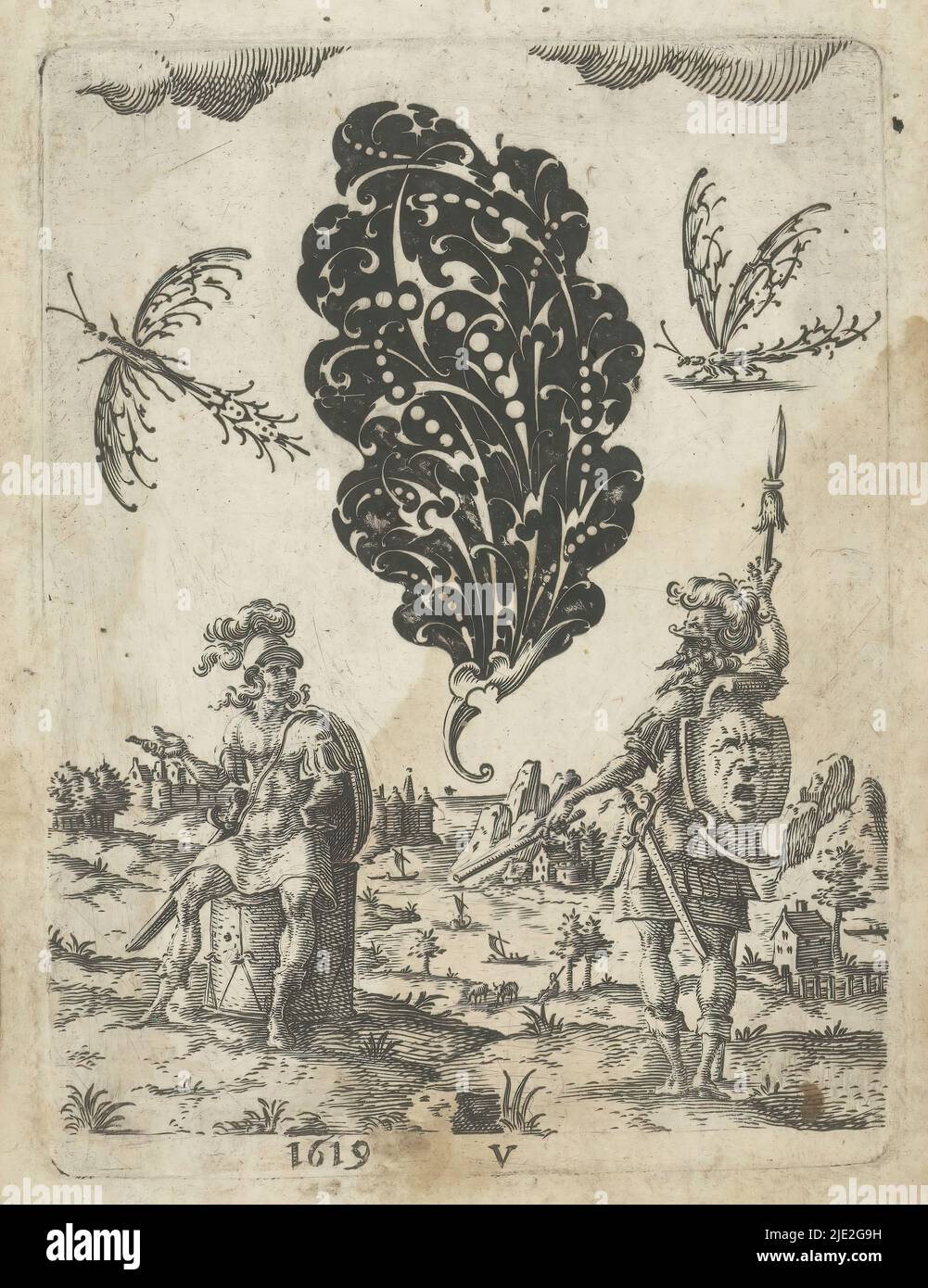 Schwarzes Ornament in Form eines Eichenblattes, Schwarze Ornamente (Serientitel), Schwarzes Ornament in Form eines Eichenblattes, flankiert von zwei geflügelten Insekten. Darunter eine Landschaft mit Minerva und Mars. Nummeriertes V unten in der Mitte. Der Druck ist Teil eines Albums., Druckerei: Jean Toutin, Verlag: Jean Toutin, Châteaudun, 1619, Papier, Gravur, Höhe 108 mm × Breite 80 mm Stockfoto