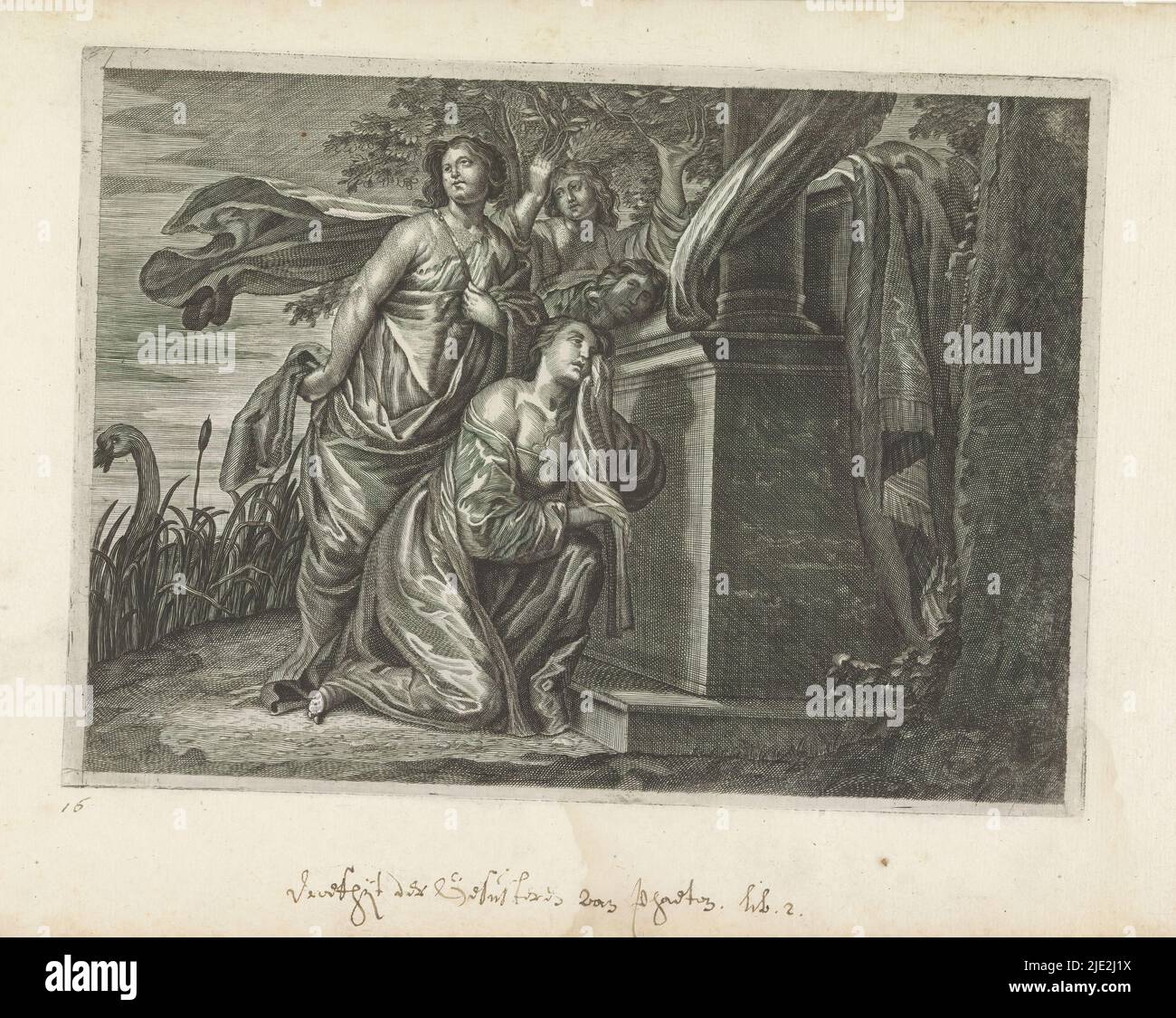 Phaëthon Schwestern trauern um seinen Tod, Metamorphosen von Ovid (Serientitel), Phaëthon Mutter Clymene kniet weinend nahe einer Gedenkstätte. Im Hintergrund verwandelt sich eine Schwester in eine Pappel und wird zur Heliade. Im Fluss schwimmt Cygnus, der sich in einen Schwan verwandelt hat., Druckerei: Crispijn van de Passe (II), Verlag: Crispijn van de Passe (II), (zugeschrieben), c. 1636 - 1670, Papier, Gravur, Höhe 162 mm × Breite 224 mm Stockfoto