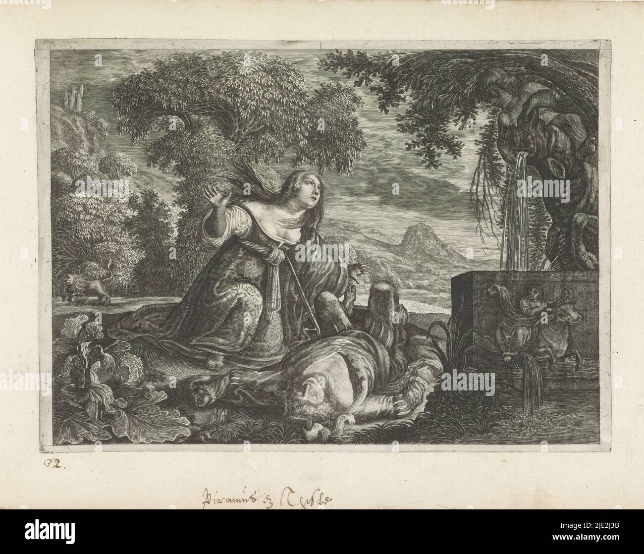 Pyramus und Thisbe, Metamorphosen von Ovid (Serientitel), Pyramus liegt sterbend auf dem Boden vor einem Brunnen. Seine geliebte Thisbe sitzt bei ihm und hebt verzweifelt ihre Arme. In Trauer wirft sie sich in sein Schwert. Im Hintergrund läuft die Löwin mit Thisbe's Schleier im Mund., Druckerei: Magdalena van de Passe, Verleger: Crispijn van de Passe (II), (zugeschrieben), c. 1636 - 1670, Papier, Gravur, Höhe 167 mm × Breite 232 mm Stockfoto