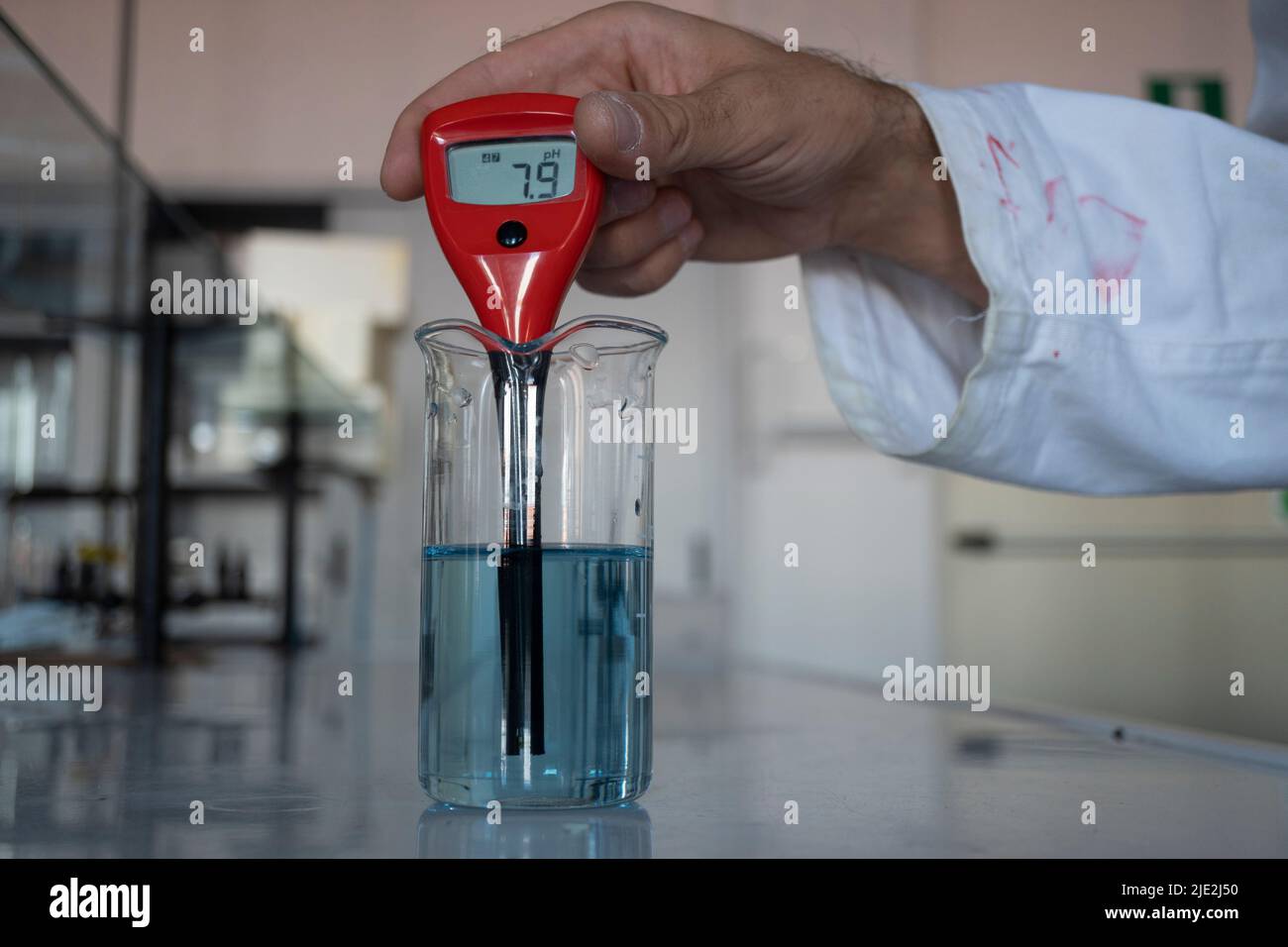 Wissenschaftler, die mit dem digitalen ph-Messgerät im Chemielabor arbeiten Stockfoto
