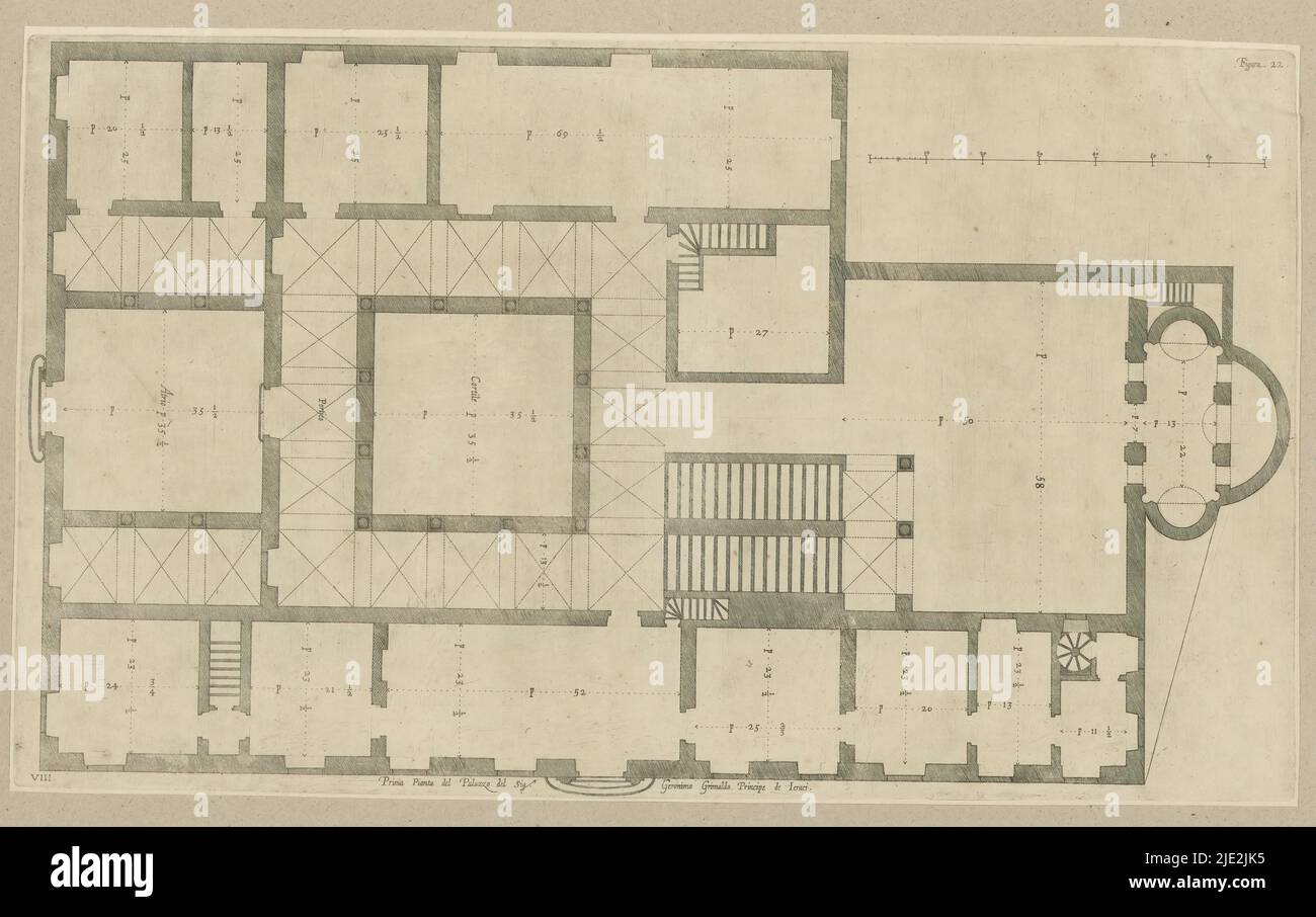 Plan des ersten Stockwerks des Palazzo della Meridiana in Genua, Prima pianta del Palazzo del sigr. Geronimo Grimaldo Principle de Ieraci (Titel auf Objekt), dieser Druck ist Teil eines Albums., Druckerei: Nicolaes Ryckmans, Verlag: Peter Paul Rubens, Spaanse kroon, Antwerpen, 1622, Papier, Gravur, Höhe 512 mm × Breite 304 mm, Höhe 583 mm × Breite 435 mm Stockfoto