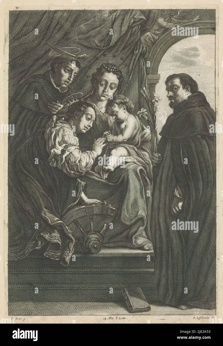 Mystische Ehe der heiligen Katharina von Alexandria, Christus gleitet den Ring auf St. Katharinas Finger. Er sitzt auf Marys Schoß. Auf der linken Seite ist St. Peter Martyr und auf der rechten Seite ist St. Dominic, beide Dominikaner. Dieser Druck ist Teil eines Albums., Druckerei: Peter van Liesebetten, (erwähnt auf Objekt), nach Malerei von: Domenico Feti, (erwähnt auf Objekt), Verlag: David Teniers (II), Druckerei: Antwerpen, nach Malerei von: Italien, Verlag: Brüssel, 1660, Papier, Gravur, Höhe 319 mm × Breite 216 mm Stockfoto