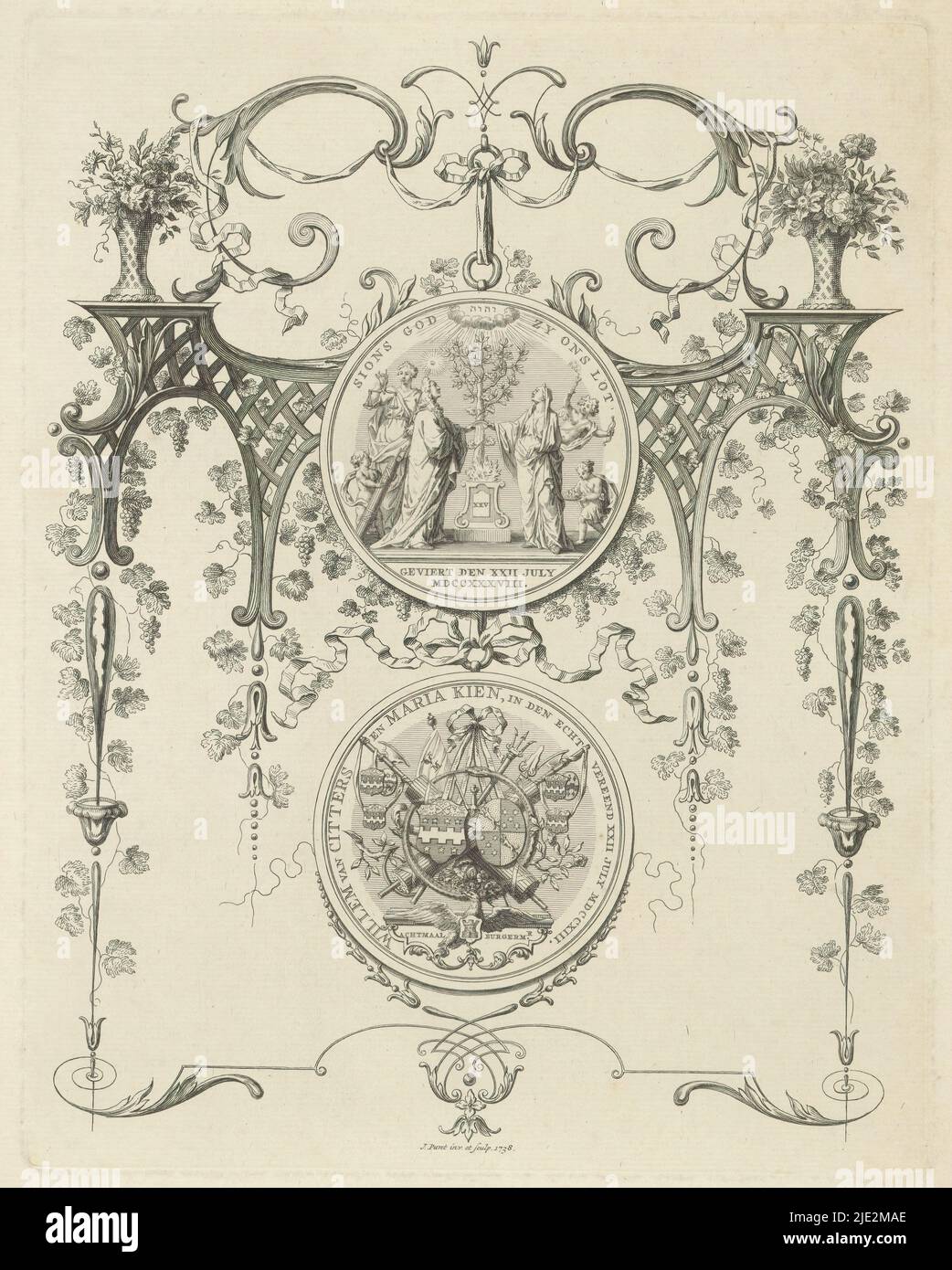 Medaille anlässlich des silbernen Hochzeitstages von Willem van Citters und Maria Kien, 1738, Dekorative Darstellung der Hochzeitsmedaille anlässlich des fünfundzwanzigsten Hochzeitstages von Willem van Citters, dem Verwalter der VOC für die Kammer von Zeeland, dem zwölfmaligen Bürgermeister von Middelburg und Maria Kien, im Jahr 1738 Verheiratet am 22. Juli 1713., Druckerei: Jan Punt, (zugeschrieben Werkstatt von), nach eigenem Entwurf von: Jan Punt, (erwähnt auf Objekt), Niederlande, 1738, Papier, Ätzen, Höhe 250 mm × Breite 197 mm, Höhe 387 mm × Breite 288 mm Stockfoto