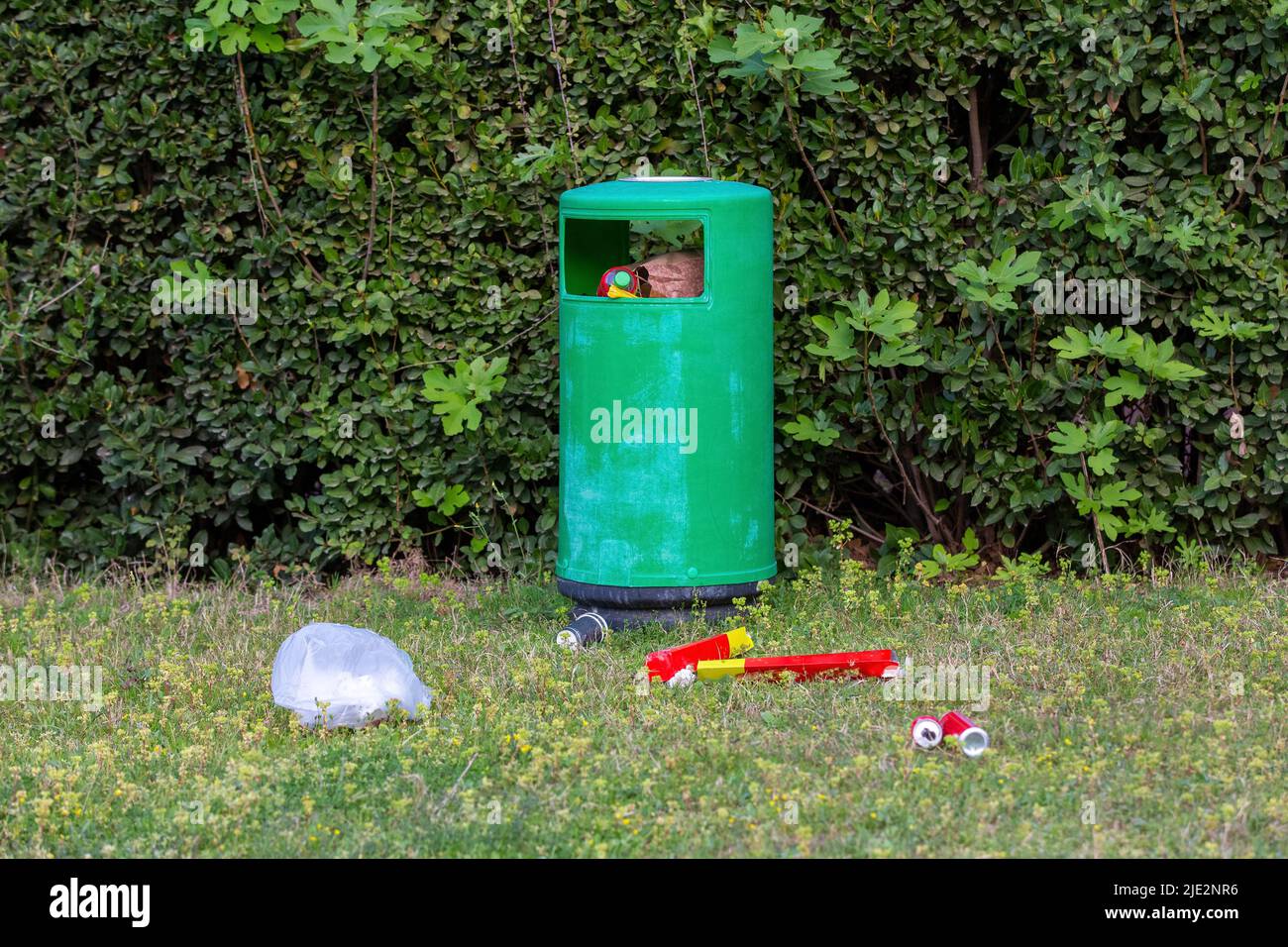 Müll wird aus der Mülltonne geworfen Stockfoto