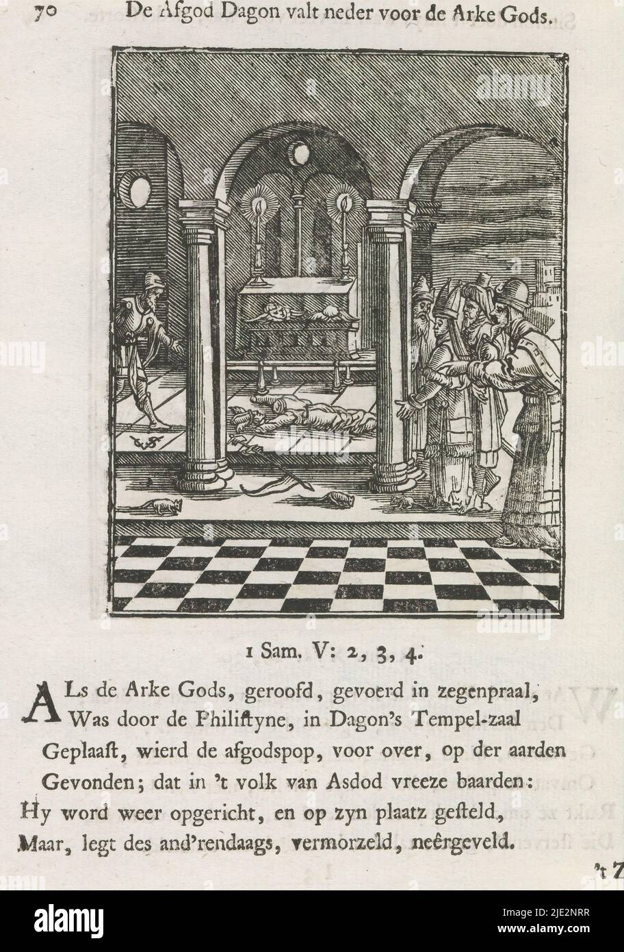 Bundeslade im Tempel von Dagon fällt das Idol Dagon vor der Lade Gottes nieder (Titel auf Gegenstand), die Philister legen die Bundeslade im Tempel von Dagon. Die Statue von Dagon liegt in Stücken auf dem Boden. Über dem Bild befindet sich ein Titel. Darunter sechs Verse und ein Hinweis auf 1. Samuel 5: 2-4. Der Druck ist Teil eines Albums., Druckerei: Christoffel van Sichem (II), (erwähnt auf Objekt), Druckerei: Christoffel van Sichem (III), (erwähnt auf Objekt), Verlag: Jan Klooster, Amsterdam, 1645 - 1646 und/oder 1740, Papier, Buchdruck, Höhe 105 mm × Breite 84 mm, HE Stockfoto