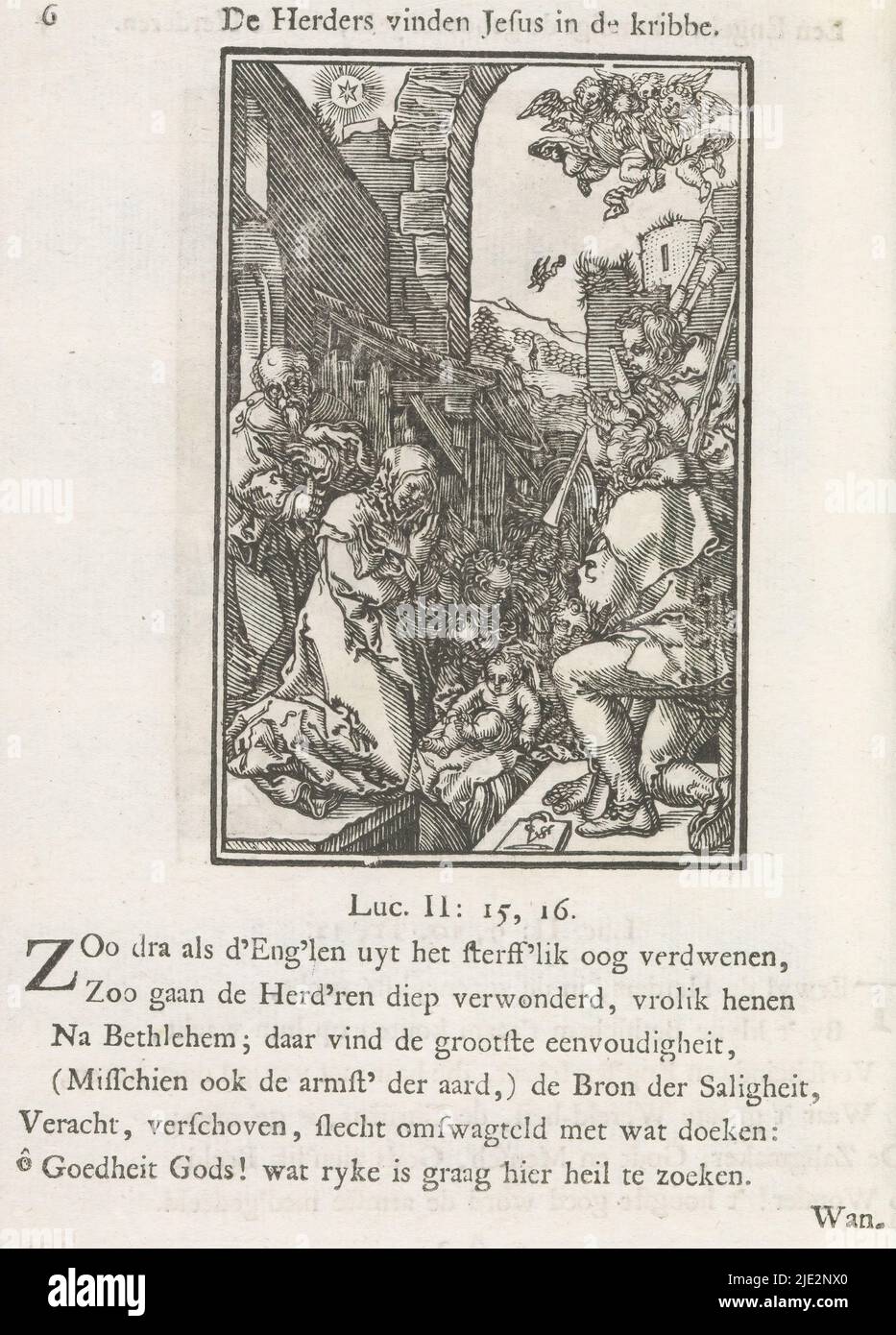 Die Hirten finden Jesus in der Krippe (Titel auf Objekt), das Christuskind, das in einer Krippe liegt, umgeben von Maria und Joseph, Engeln und zwei Hirten. Man hält einen Dudelsack. In der Landschaft im Hintergrund die Verkündigung an die Hirten durch einen Engel. Über der Szene ein Titel. Darunter sechs Verse und ein Hinweis auf Lukas 2: 15-16. Der Druck ist Teil eines Albums., Druckerei: Christoffel van Sichem (II), (auf Objekt erwähnt), Druckerei: Christoffel van Sichem (III), (auf Objekt erwähnt), nach Druck von: Heinrich Aldegrever, Druckerei: Amsterdam, Druckerei: Am Stockfoto