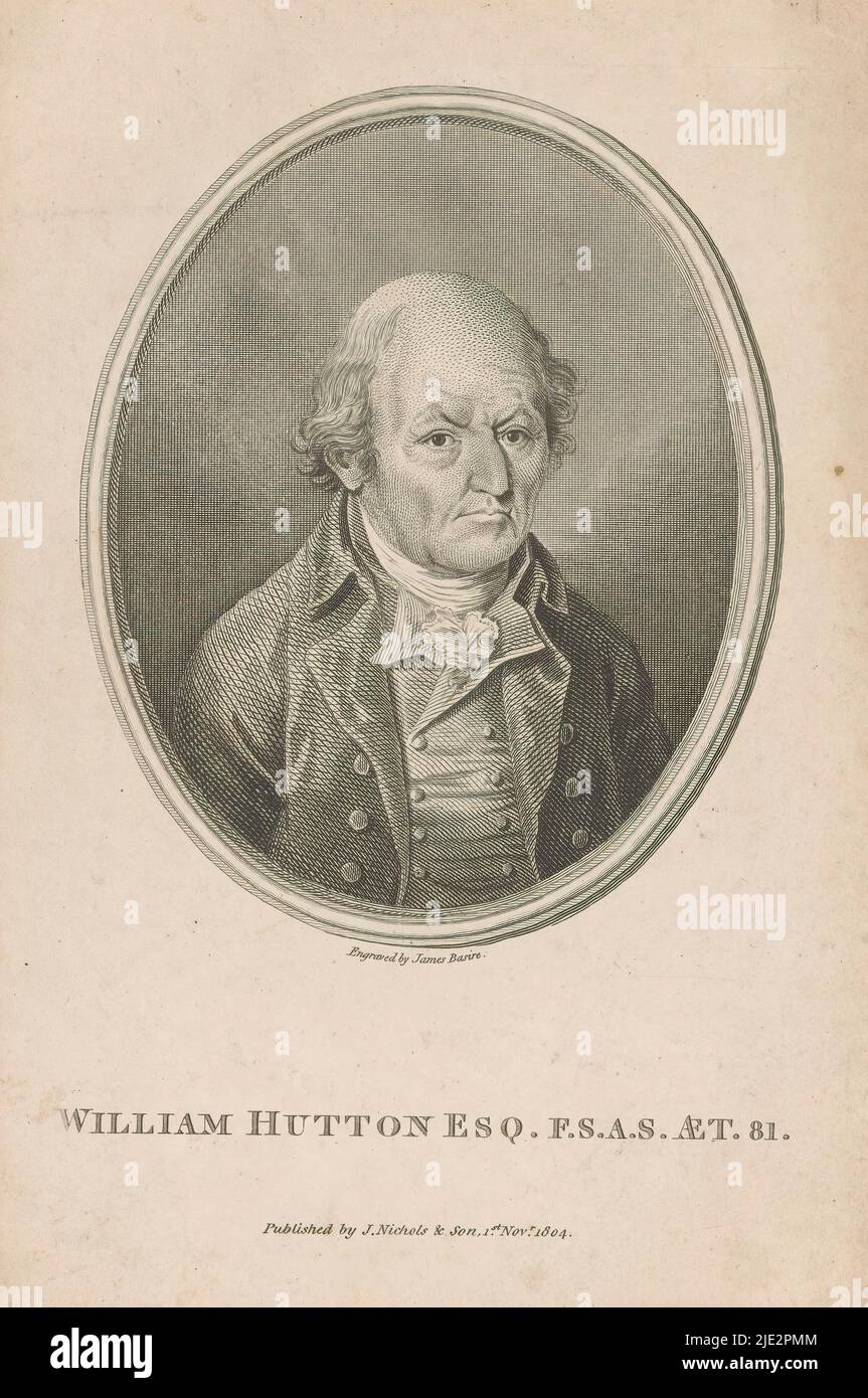 Porträt von William Hutton, William Hutton Esq. F.S.A.S. Aet. 81 (Titel auf Objekt), Druckerei: James Basire (I), (erwähnt auf Objekt), Verlag: John Nichols & Son, (erwähnt auf Objekt), London, Dez-1804, Papier, Radierung, Gravur, Höhe 223 mm × Breite 144 mm Stockfoto