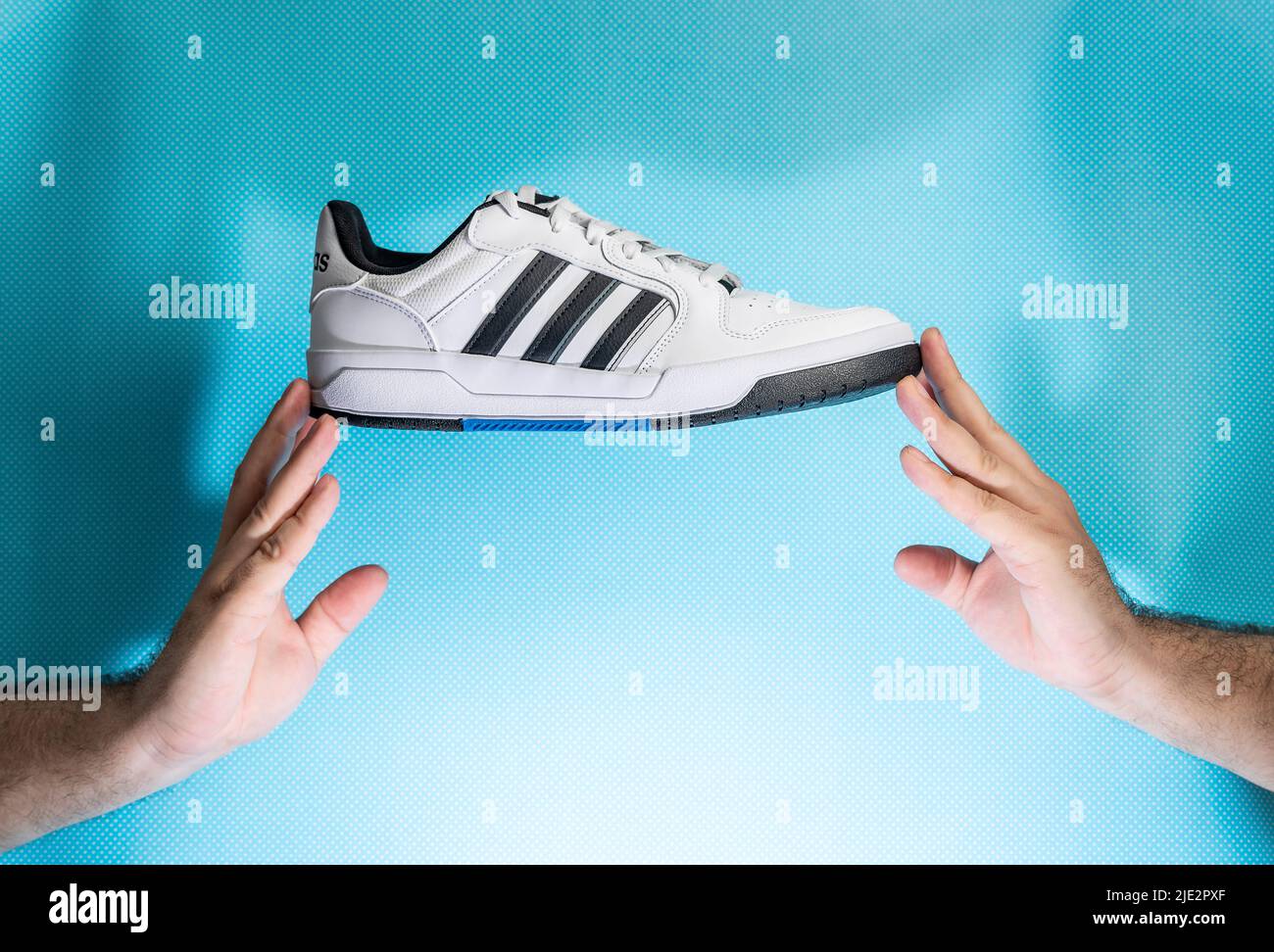 Belgrad, Serbien - 11. Mai 2022. Hände mit neuen Adidas Tennisschuhen auf  blauem Hintergrund. Neue Adidas Sneakers oder Sportschuhe - Herren  Sportschuhe. Pai Stockfotografie - Alamy