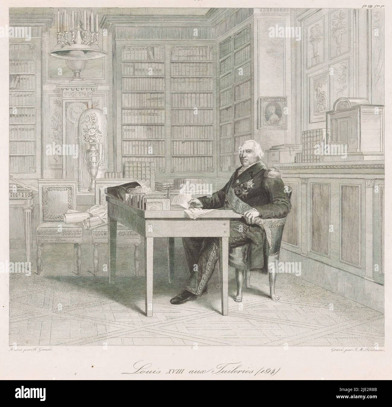 Louis XVIII. Von Frankreich in seinem Arbeitszimmer im Palais des Tuileries, Louis XVIII aux Tuileries (1814) (Titel auf Objekt), oben mittig nummeriert: 951; oben rechts: X.ie VIII S. on 1re; oben ganz rechts: 407., Druckerei: Jean Mathias Fontaine, (auf Objekt erwähnt), nach Zeichnung von: Léopold Massard, (auf Objekt erwähnt), Maler: François Gérard, (auf Objekt erwähnt), Paris, 1838 - 1848, Papier, Radierung, Höhe 256 mm × Breite 295 mm Stockfoto