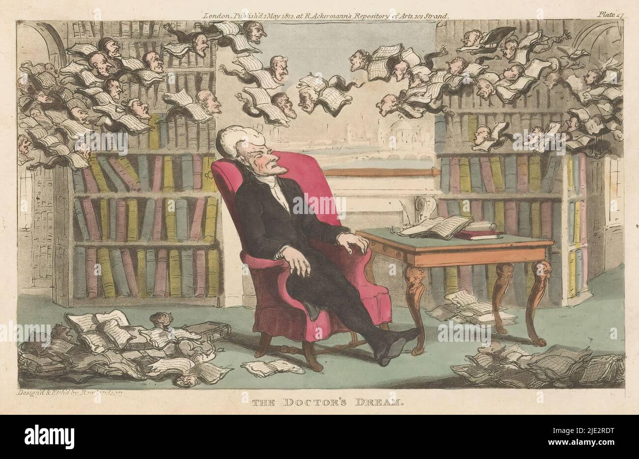 Doctor Syntax schläft in einer Bibliothek, The Doctor's Dream (Titel auf Objekt), in einer Bibliothek, sitzt Doctor Syntax schlafend auf einem Stuhl. Über seinem Kopf fliegen Kreaturen, die aus offenen Büchern mit menschlichen Gesichtern bestehen. Das Fenster bietet einen Blick auf London. Nummeriert oben rechts: Tafel 27., Druckerei: Thomas Rowlandson, (auf Objekt erwähnt), nach Entwurf von: Thomas Rowlandson, (auf Objekt erwähnt), Verlag: Rudolph Ackermann, (auf Objekt erwähnt), London, 1812 - 1821, Papier, Radierung, Höhe 137 mm × Breite 213 mm Stockfoto
