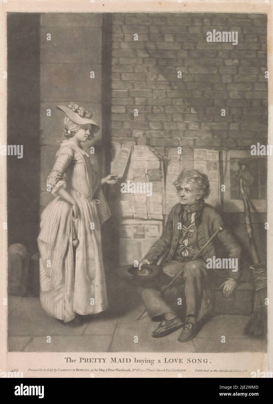 Die junge Frau und ein Liederverkäufer, die hübsche Magd, die ein Liebeslied kauft (Titel auf Objekt), sitzen auf der Straße ein Liederverkäufer mit seinem Hut in den Händen und einem Stock, der sich an seinem Bein lehnt. Hinter ihm hängt sein Liederbestand an der Wand. Eine junge Frau schaut sich eines der Lieder an. Neben dem Liederverkäufer lehnt sich ein Besen an einen Druck mit einem Porträt. Unten links nummeriert: 410., Druckerei: John Raphael Smith, nach Malerei von: Henry Walton, Verleger: Carington Bowles, (erwähnt auf Objekt), London, 6-Jan-1780, Papier, Höhe 355 mm × Breite 253 mm Stockfoto