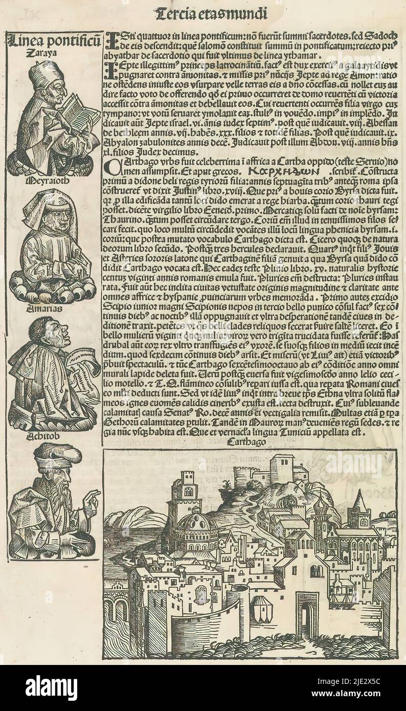 Seite aus der Nürnberger Schedel-Chronik, Folio 40V, Seite aus der Nürnberger Schedel-Chronik, unten eine Ansicht der Stadt Karthago. Links ein Fragment des Stammbaums der Priester., Druckerei: Michel Wolgemut, (Werkstatt von), Druckerei: Wilhelm Pleydenwurff, (Werkstatt von), Neurenberg, 1493, Papier, Buchdruck, Höhe 472 mm × Breite 322 mm Stockfoto