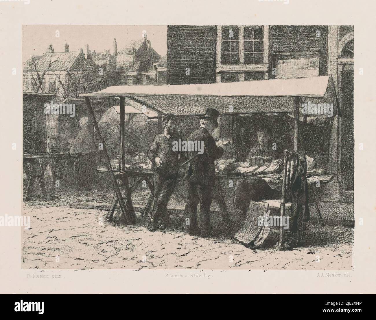Jozef Bloks Bücherstand auf dem Grote Markt in Den Haag prüft Ein Kunde ein Werk am Stand. Neben ihm ist der Besitzer, Jozef Blok, mit einer Pfeife im Mund. Hinter dem Stand befindet sich wahrscheinlich seine Frau, Saartje Bloemkoper., Druckerei: Jan Mesker, (auf Objekt erwähnt), nach Malerei von: Theo Mesker, (auf Objekt erwähnt), Drucker: Samuel Lankhout & Co, (auf Objekt erwähnt), Den Haag, 1879, Papier, Höhe 266 mm × Breite 354 mm Stockfoto
