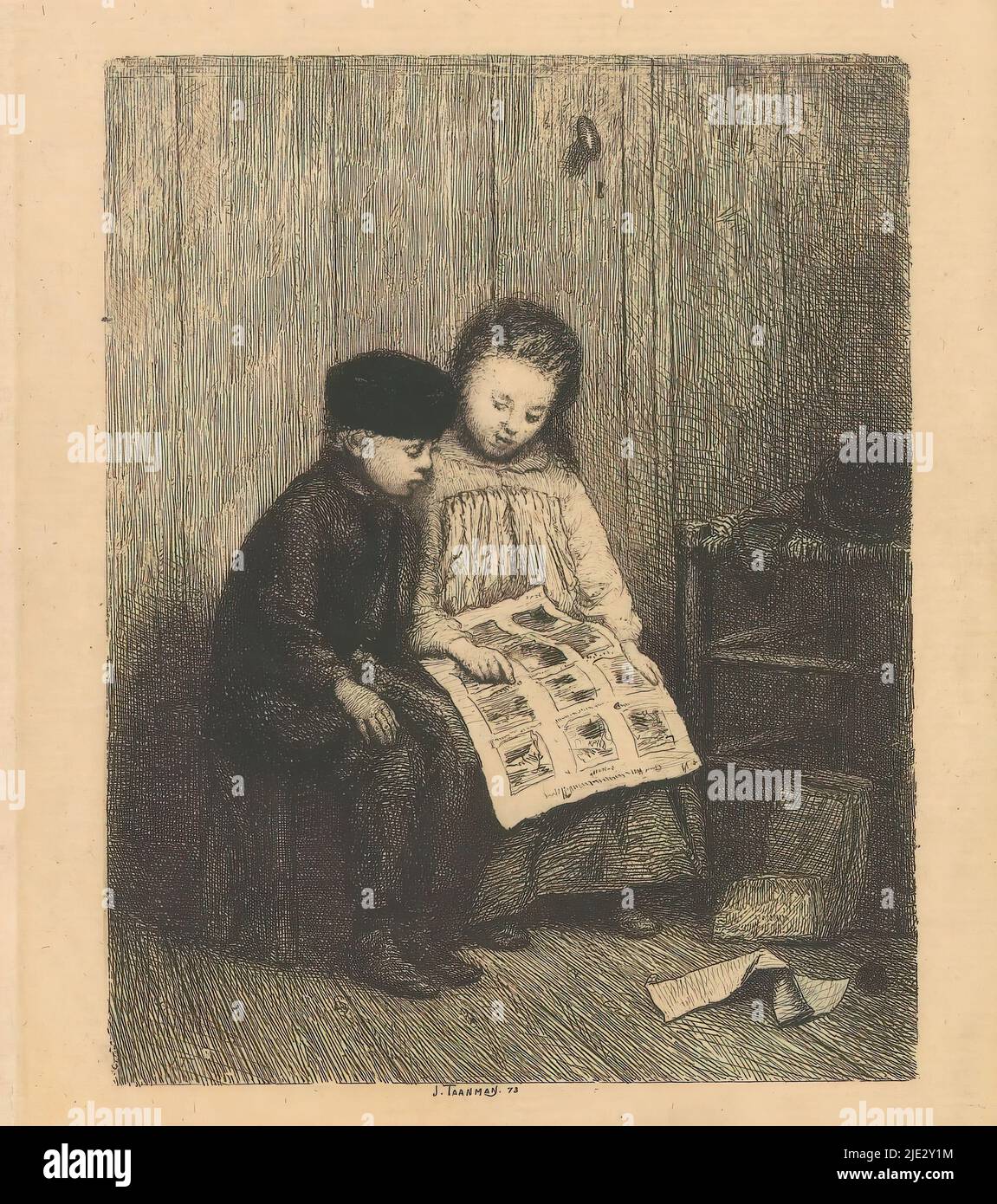 Zwei Kinder mit einem Kinderdruck, Ein Mädchen und ein Junge sehen sich Kinderdrucke an. Auf dem Boden sind Papiere., Druckerei: Jacob Taanman, (erwähnt auf Objekt), Amsterdam, 1873, Papier, Ätzung, Höhe 140 mm × Breite 115 mm Stockfoto