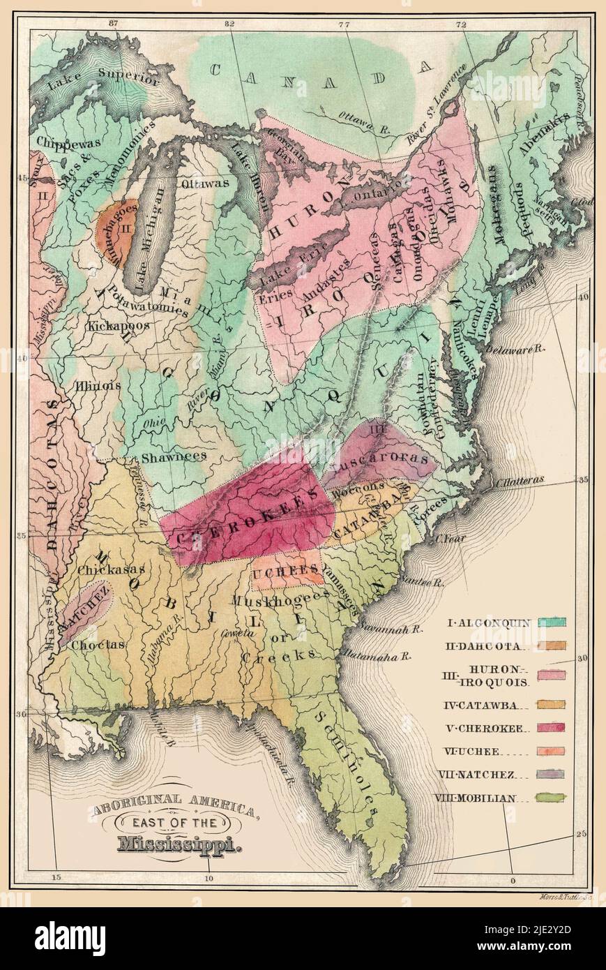 Indianerpopulationen im Osten der Vereinigten Staaten Karte eine verstärkte, restaurierte Reproduktion einer Karte der Lage der indianischen Populationen in den Vereinigten Staaten an der Ostküste. Originaltitel: Aboriginal America östlich des Mississippi. Veröffentlicht um 1849, reflektiert aber um 1600. Stockfoto