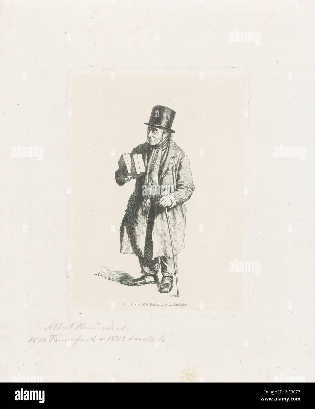 Mann mit einem Stapel Bücher, Mann mit langem Mantel, Schal und Zylinderhut. Seine linke Hand lehnt sich an einen Spazierstock. Im rechten Arm trägt er einen Stapel Bücher., Druckerei: Albert Hendschel, (auf Objekt erwähnt), Drucker: Friedrich Arnold Brockhaus (I), (auf Objekt erwähnt), Druckerei: Frankfurt am Main, Drucker: Leipzig, 1849 - 1893, Material, Radierung, Höhe 129 mm × Breite 95 mm Stockfoto