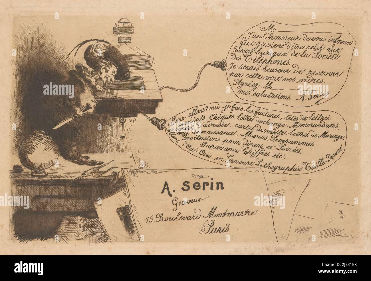 Ankündigung des Telefonanschlusses von Adolphe Serin, Kupferstecher in Paris, auf der Werkbank eines Grafikers, eine Ätznadel im Vordergrund, steht ein Zwerg mit einem Burin in der Hand. Er scheint als Herold gekleidet zu sein, möglicherweise ein Hinweis auf die heraldischen Stiche, die Serine ebenfalls produzierte. Über der Werkbank hängt ein Telefon, aus dem zwei Sprechblasen entweichen., Druckerei: Henry SOMM, 1880 - 1885, Papier, Radierung, Trockenpunkt, Höhe 119 mm × Breite 179 mm Stockfoto