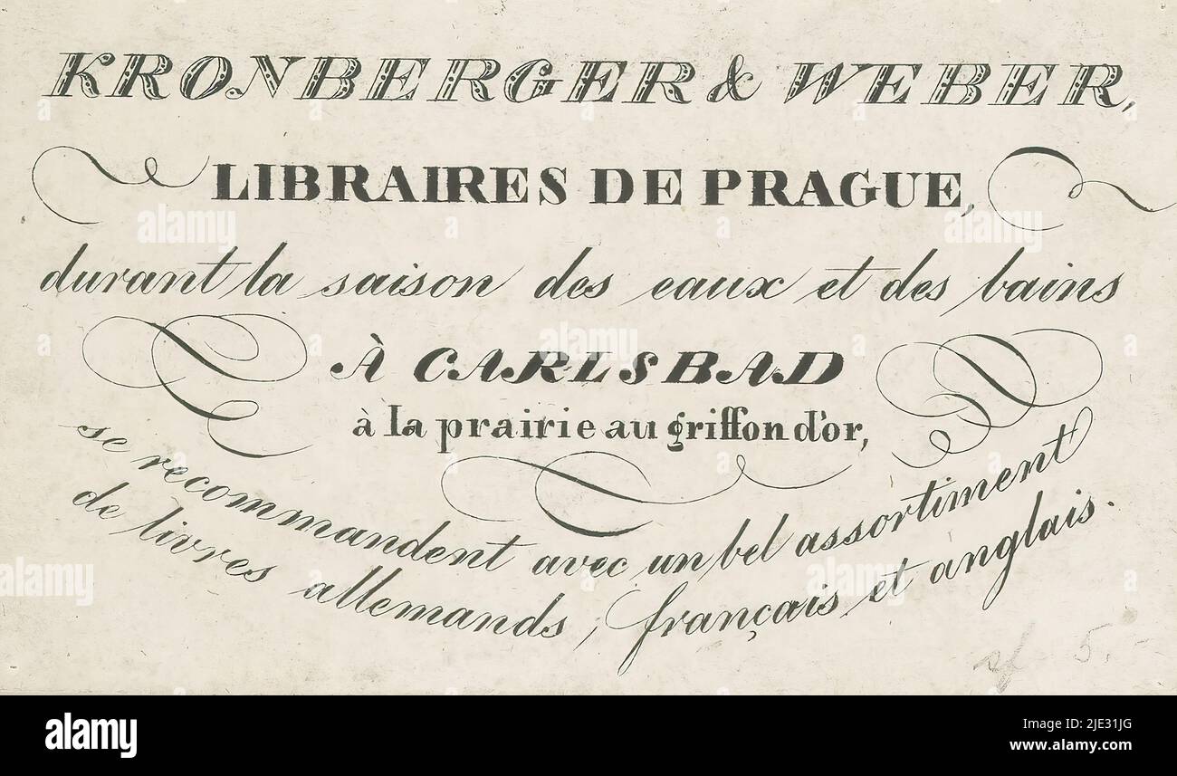 Visitenkarte von Kronberger & Weber, Buchhandlung in Prag, Ankündigung der Buchhandlung Kronberger & Weber, dass sie während der Kursaison in Karlsbad mit einem Angebot an deutschen, französischen und englischen Büchern gefunden werden können., Druckerei: Anonym, c. 1825 - c. 1875, Karton, Höhe 56 mm × Breite 96 mm Stockfoto