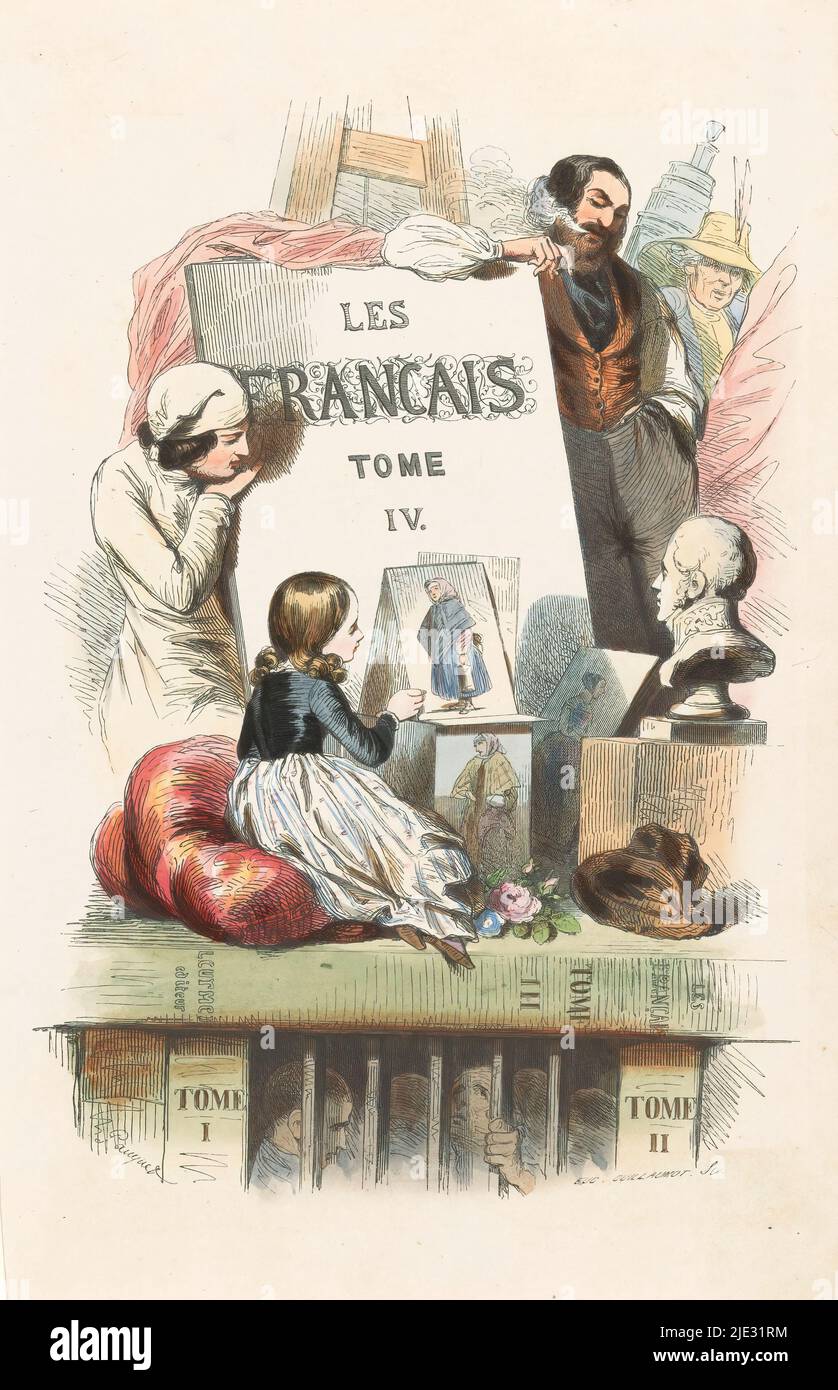 Personen, die Kunst betrachten, Titelseite zu: Les Français peints par eux-mêmes, 1841, Ein Mann mit Zigarre lehnt sich an eine Leinwand, die an eine Staffelei gestellt ist. Im Vordergrund ein Mädchen auf einem Kissen, das sich einige Abdrücke von Frauen ansieht, links eine Person in Nachthemden. Rechts eine Büste, die vermutlich Louis Philippe I. von Frankreich darstellt. Die Szene beruht auf einigen Büchern, zwischen denen sich Gefangene hinter Gittern befinden., Druckerei: Eugène Guillaumot, (auf Objekt erwähnt), nach Entwurf von: Hippolyte Louis Emile Pauquet, (auf Objekt erwähnt), Verleger: Léon Curmer, Paris, 1841, Papier, Höhe 242 mm × Breite 157 mm Stockfoto