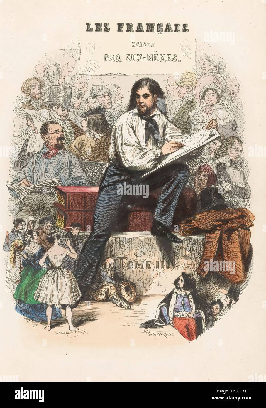 Sketch artist, Titelseite zu: Les Français peints par eux-mêmes, 1841, arbeitet ein Künstler an einer Skizze, sitzend auf zwei großen Büchern und einem Stein. Er ist von Figuren umgeben, von denen einige in historischen Kostümen sind., Druckerei: Eugène Guillaumot, (auf Objekt erwähnt), nach Entwurf von: Hippolyte Louis Emile Pauquet, (auf Objekt erwähnt), Verleger: Léon Curmer, Paris, 1841, Papier, Höhe 241 mm × Breite 163 mm Stockfoto