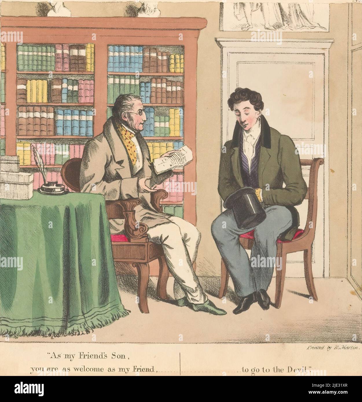 Studieren Sie mit einem alten Mann und einem jungen Mann, die Männer sitzen einander gegenüber, der alte Mann hält ein Papier. Auf dem Tisch ein Tintenstand, an der Wand ein Bücherregal., Druckerei: Anonym, Drucker: R. Martin (drukker), (erwähnt auf Objekt), c. 1800 - c. 1900, Papier, Höhe 159 mm × Breite 156 mm Stockfoto