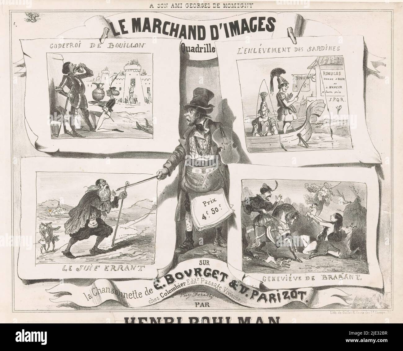 Druckhändler mit Geige Umgeben von vier Drucken, Le marchand d'images (Quadrille) (Titel auf Objekt), zeigen die Drucke: Godfrey von Bouillon beim Trinken einer Tasse Brühe, Romulus und Remus beim Fischen nach Sardinen (eine Persiflage des Sabinaraubs), der umherwandernde Jude und ein Jäger, der, während er einem lästigen Hirsch nachgeht, mit ihrem Kind auf Genoveva von Brabant trifft., Druckerei: Eugène Hippolyte Forest, (auf Objekt erwähnt), Drucker: Guillet, (erwähnt auf Objekt), Herausgeber: Colombier, (Auf Objekt erwähnt), Paris, 1842, Papier, Höhe 251 mm × Breite 329 mm Stockfoto