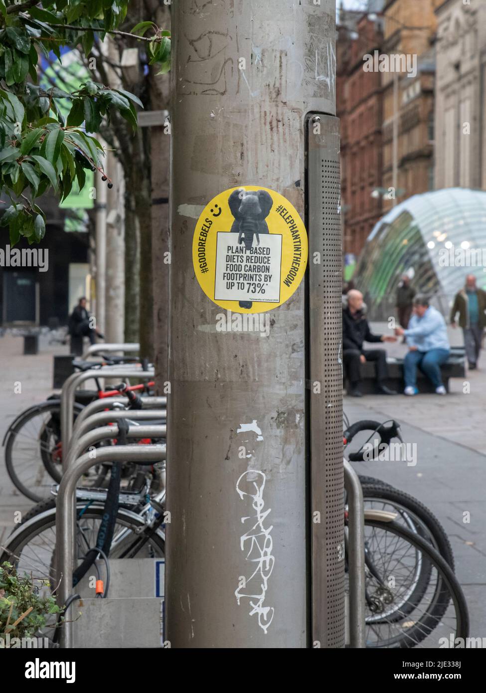 Glasgow, Schottland. VEREINIGTES KÖNIGREICH. 11.. November 2021: Ein Klimaschutzaufkleber an einem Pfosten. Stockfoto