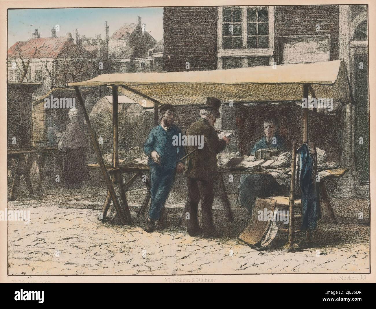 Der Bücherstand von Jozef Blok auf dem Grote Markt in Den Haag prüft Ein Kunde ein Werk vom Stand aus. Neben ihm ist der Besitzer, Jozef Blok, mit einer Pfeife im Mund. Hinter dem Stand befindet sich wahrscheinlich seine Frau, Saartje Bloemkoper., Druckerei: Jan Mesker, (auf Objekt erwähnt), nach Malerei von: Theo Mesker, (auf Objekt erwähnt), Drucker: Samuel Lankhout & Co, (auf Objekt erwähnt), Den Haag, 1879, Papier, Höhe 227 mm × Breite 292 mm Stockfoto