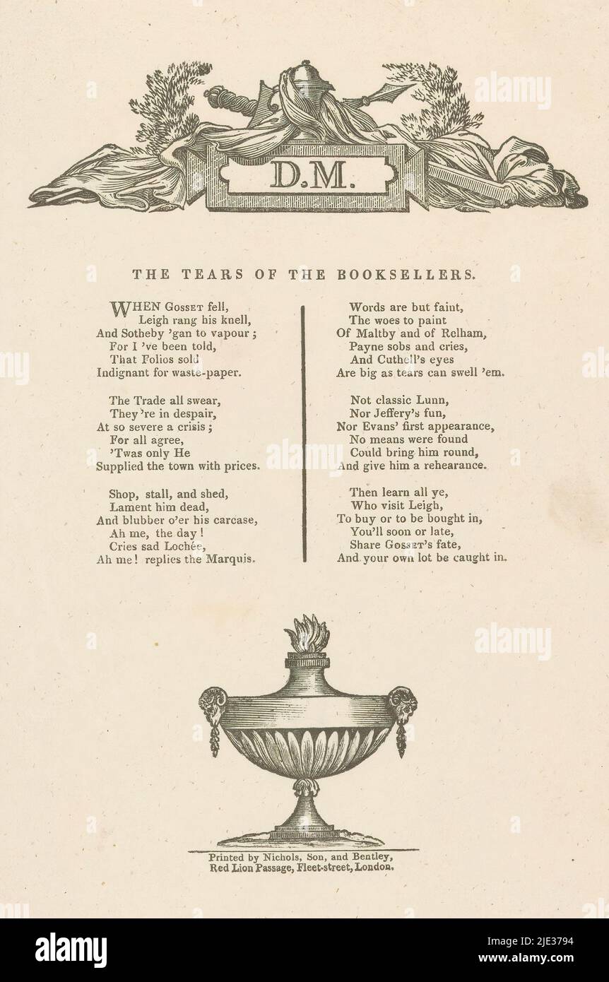 Gedicht über den Tod des Buchsammlers Isaac Gosset, die Tränen der Buchhändler (Titel auf Objekt), über einer Vignette mit den Initialen 'D.M.'; unter einem Räuchergefäß., Druckerei: Anonymous, Stephen Weston, Drucker: John Nichols & Son, (auf Objekt erwähnt), London, 1813 - 1819, Papier, Buchdruck, Höhe 222 mm × Breite 135 mm Stockfoto