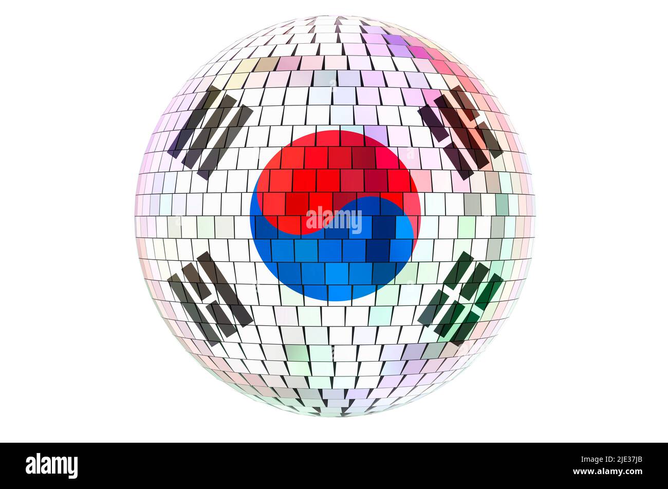 Spiegeldiskokugel mit südkoreanischer Flagge, 3D Rendering isoliert auf weißem Hintergrund Stockfoto