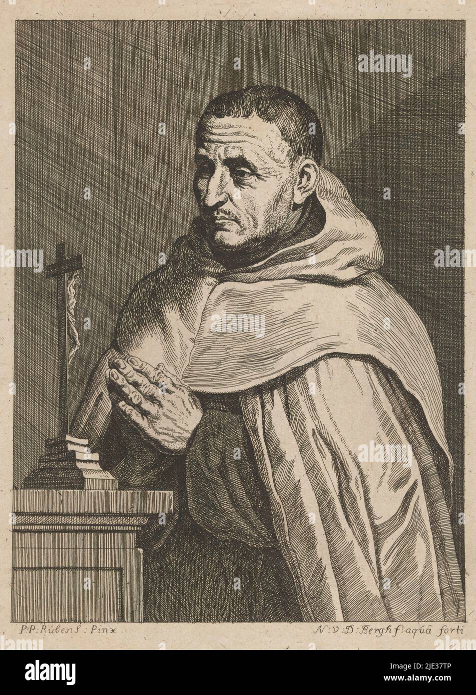 Porträt eines Karmeliten (Titel auf Objekt), Porträt eines Karmeliten, Gebet vor einem Kruzifix., Druckerei: Nicolas van den Bergh, (Erwähnung auf Objekt), nach Malerei von: Peter Paul Rubens, (Erwähnung auf Objekt), Verlag: Johann Sadeler (I), (Erwähnung auf Objekt), Druckerei: Antwerpen, nach Malerei von: Südniederland, Verlag: Südniederländer, c. 1770 - c. 1780, Papier, Radierung, Höhe 291 mm × Breite 215 mm Stockfoto