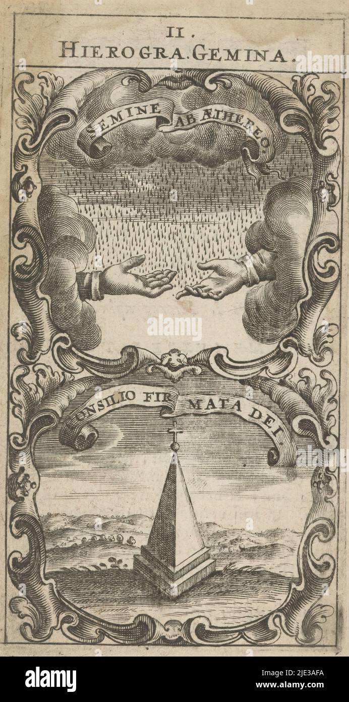 Zwei Hände fangen den Regen / Heilige Pyramide, Semine ab Aethereo / Consilio Firmata Dei (Titel auf Objekt), Symbola Divina et Humana Pontificum Imperatorum Regum (Serientitel), ein Emblem mit zwei Darstellungen. Oben fangen zwei Hände in den Wolken den Regen. Unten eine Landschaft mit einer Pyramide. Auf der Pyramide ein Kreuz., Druckerei: Anonym, nach Druck von: Aegidius Sadeler (II), 1666, Papier, Gravur, Buchdruck, Höhe 121 mm × Breite 65 mm Stockfoto