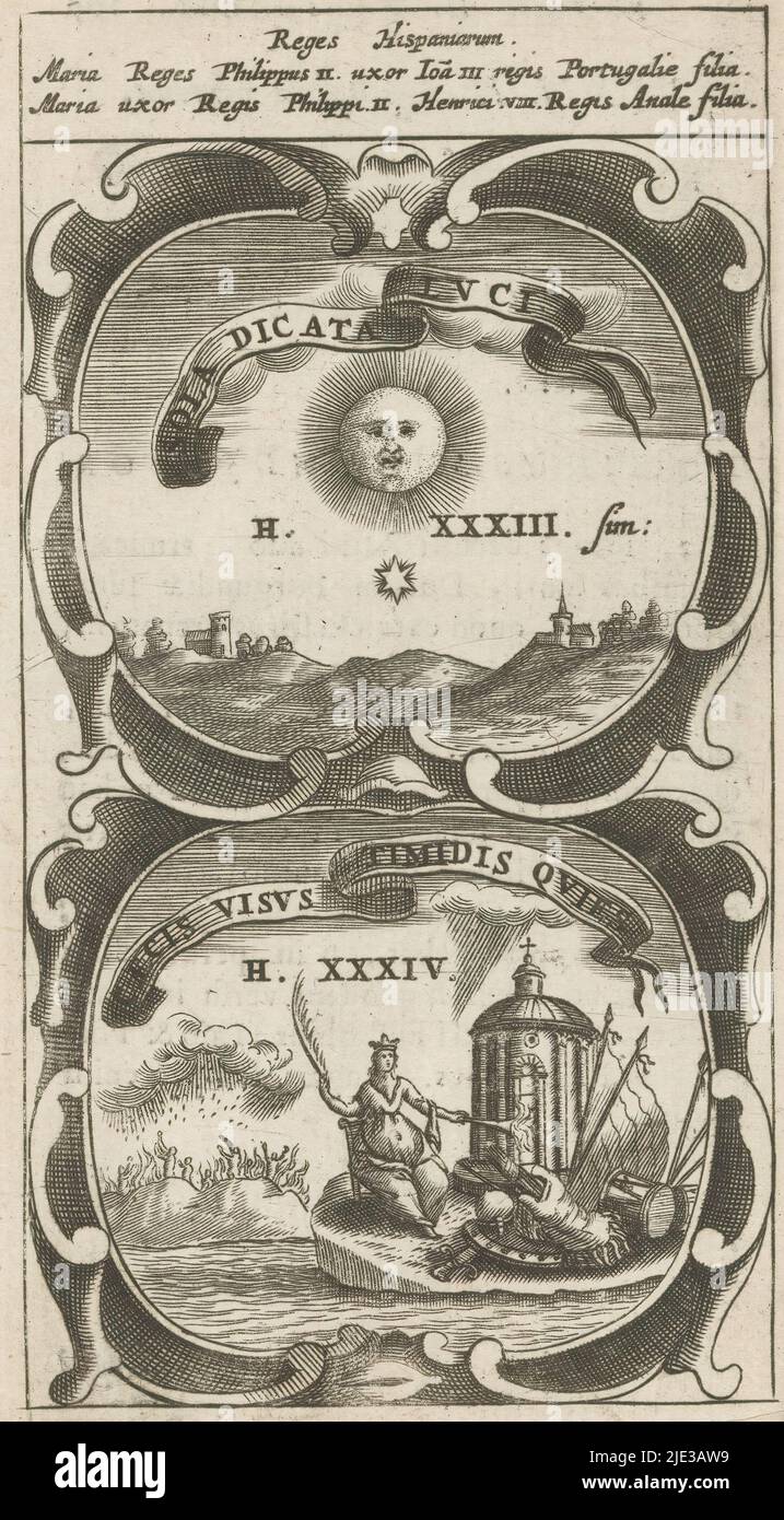 Landschaft mit Sonne und Stern / Frieden brennt Arme, Sola Dicata Luci / Caecis Visus Timidis Quies (Titel auf Objekt), Symbola Divina et Humana Pontificum Imperatorum Regum (Serientitel), ein Emblem mit zwei Darstellungen. Über einer Landschaft mit einem Schloss und einer Kirche und über einer Sonne und einem Stern. Unter der Personifizierung des Friedens. Sie zündet Waffen in der Nähe eines christlichen Tempels an. Hinter ihr gehen Menschen durch Flammen und Feuer vom Himmel um. Dies sind Andachten von Maria Emanuela von Portugal und Maria I. von England, Ehefrauen von König Philipp II., Druckerei: Anonym, nach Druck von: Aegidius Sadeler Stockfoto