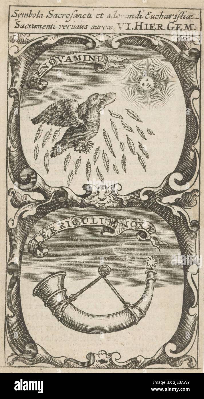 Vogel lässt seine Federn fallen / Jagdhorn mit Stern, Renovamini / Terriculum noxae (Titel auf Objekt), Symbola Divina et Humana Pontificum Imperatorum Regum (Serientitel), ein Emblem mit zwei Darstellungen. Oben lässt ein Vogel in der Nähe der Sonne seine Federn fallen. Unten ein Jagdhorn mit Stern am Mundstück., Druckerei: Anonym, nach Druck von: Aegidius Sadeler (II), 1666, Papier, Gravur, Buchdruck, Höhe 118 mm × Breite 66 mm Stockfoto