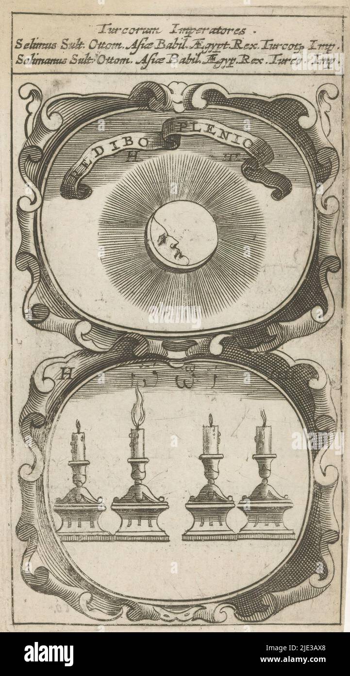 Sonne und Mond / vier Kerzen, Redibo Plenior / Déus Dabit (Titel auf Objekt), Symbola Divina et Humana Pontificum Imperatorum Regum (Serientitel), ein Emblem mit zwei Darstellungen. Über einer Sonne mit Mond. Unter vier Kerzen. Die zweite Kerze brennt. Darüber ein türkischer Text: Déus Dabit. Dies sind Währungen von Sultan Selim I und Suleiman I., Druckerei: Anonym, nach Druck von: Aegidius Sadeler (II), 1666, Papier, Gravur, Buchdruck, Höhe 121 mm × Breite 67 mm Stockfoto