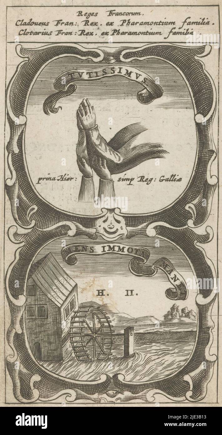 Gefaltete Hände / Wassermühle, Tutissimus / man Immota Manet (Titel auf Objekt), Symbola Divina et Humana Pontificum Imperatorum Regum (Serientitel), ein Emblem mit zwei Darstellungen. Über gefalteten Händen, unterstützt von zwei Händen. Unterhalb einer Landschaft mit einer Wassermühle. Dies sind Mottos von Clovis I und Chlotarius I., Druckerei: Anonym, nach Druck von: Aegidius Sadeler (II), 1666, Papier, Gravur, Buchdruck, Höhe 124 mm × Breite 67 mm Stockfoto