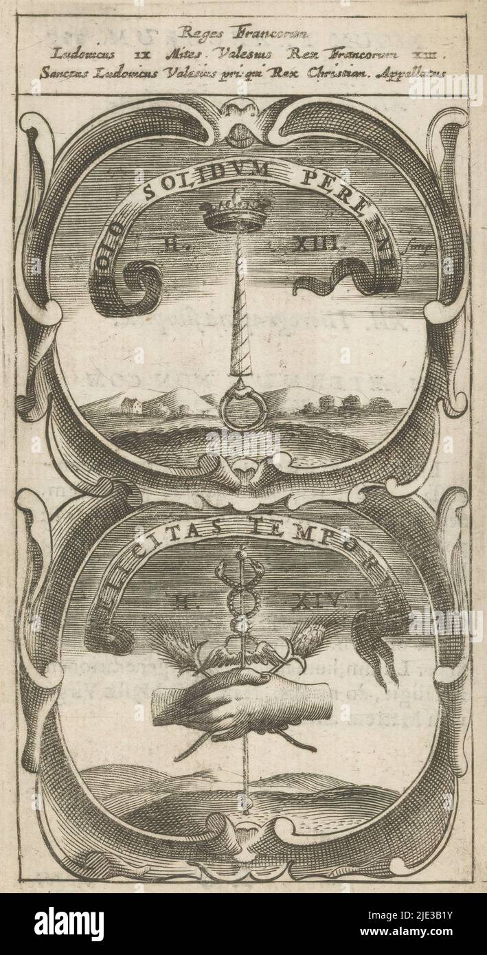 Zepter gebildet aus Ring, Obelisk und Krone / verschränkten Händen mit Maisstielen und Caduceus, Volo solidum perenne / Felicitas Temporum (Titel auf Objekt), Symbola Divina et Humana Pontificum Imperatorum Regum (Serientitel), ein Emblem mit zwei Darstellungen. Über einem Zepter, das von einem Ring mit Obelisk und Krone gebildet wird. Unten zwei ineinandergezackte Hände mit zwei Maisstielen und Kadukeus. Dies sind Währung von König Louis IX., Druckerei: Anonym, nach Druck von: Aegidius Sadeler (II), 1666, Papier, Gravur, Buchdruck, Höhe 122 mm × Breite 67 mm Stockfoto