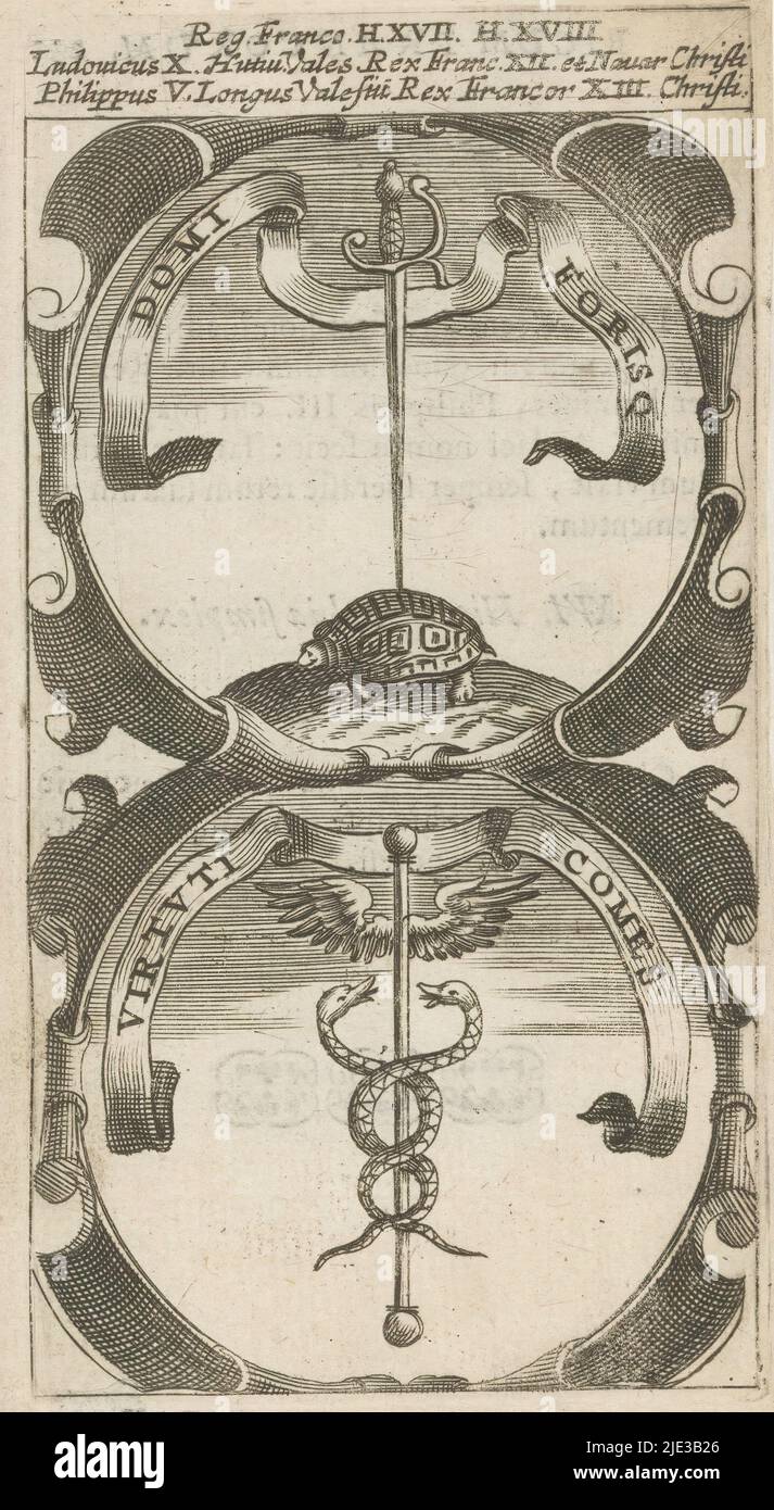 Schildkröte mit Schwert auf dem Rücken / Caduceus, Domi Forisque / Virtuti Comes (Titel auf Objekt), Symbola Divina et Humana Pontificum Imperatorum Regum (Serientitel), ein Emblem mit zwei Darstellungen. Über einem Schwert, das mit seinem Punkt auf dem Rücken einer Schildkröte steht. Unter einem Kadukeus. Dies sind Währungen von Louis X und Philip V von Frankreich., Druckerei: Anonym, nach Druck von: Aegidius Sadeler (II), 1666, Papier, Gravur, Buchdruck, Höhe 120 mm × Breite 64 mm Stockfoto
