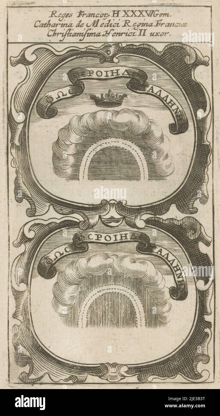 Regenbogen in den Wolken, φωσ φεροι ηγε γαληνην (Titel auf Objekt), Symbola Divina et Humana Pontificum Imperatorum Regum (Serientitel), ein Emblem mit zwei ähnlichen Darstellungen: Ein Regenbogen in den Wolken. Oben mit Krone. Daneben ein griechisches Motto. Die Mottos sind die von Catherine de' Medici., Druckerei: Anonym, nach Druck von: Aegidius Sadeler (II), 1666, Papier, Gravur, Buchdruck, Höhe 119 mm × Breite 65 mm Stockfoto