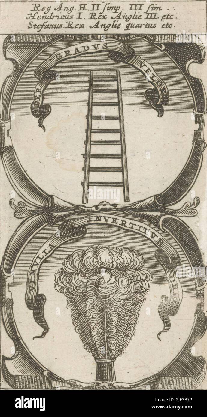 Leiter zum Himmel / Straußenfedern, per Gradus Velox / VI Nulia Invertitur Ordo (Titel auf Objekt), Symbola Divina et Humana Pontificum Imperatorum Regum (Serientitel), ein Emblem mit zwei Darstellungen. Über einer Leiter in den Himmel angehoben. Unter einem Straußenfederhaufen. Dies sind Mottos von Heinrich I. und Stephen von England., Druckerei: Anonym, nach Druck von: Aegidius Sadeler (II), 1666, Papier, Gravur, Buchdruck, Höhe 117 mm × Breite 64 mm Stockfoto